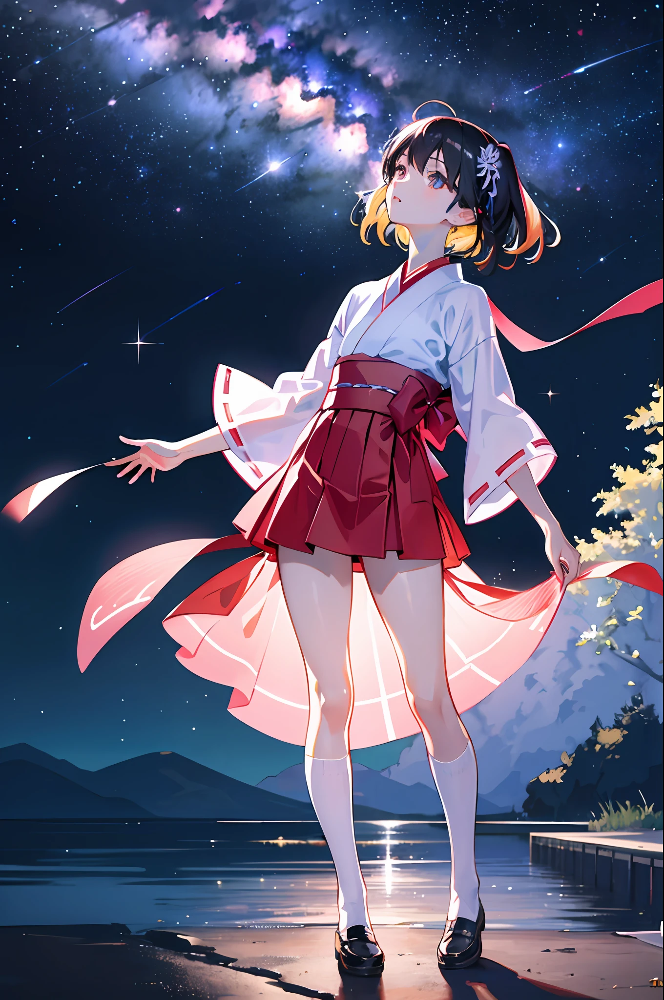 Top Quality, Masterpiece, Ultra Realistic, High Definition, Very Detailed, 8k, One Girl, Cute, Anime, Crystal Clear White Skin, Asian Girl, Full Body, Junior High School, 14 Years Old, Children, (Hair Color is Pink), Tanabata Festival, Looking Up at Many Starry Skies, Midnight, Cute Miniskirt Yukata, Do Not Look At Me, Do Not Look Here, See Milky Way