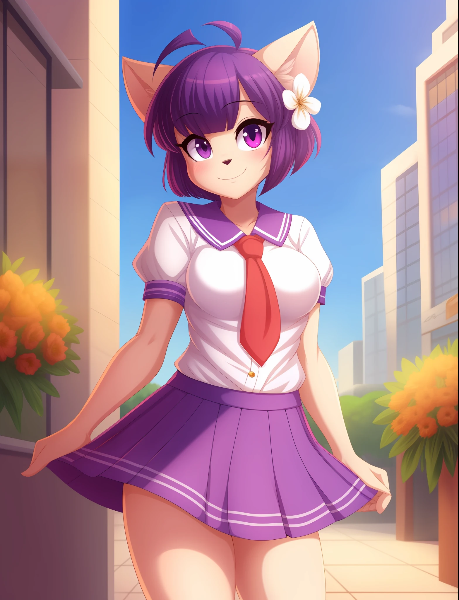 furry female,solo,dot_warner_shoujo,short hair,bangs,flower,hair ornament,purple eyes,animal ears,body fur,tail,school uniform,serafuku,short skirt,pink skirt,smile,looking at viewer,city,(shantae_styleAI:0.7),