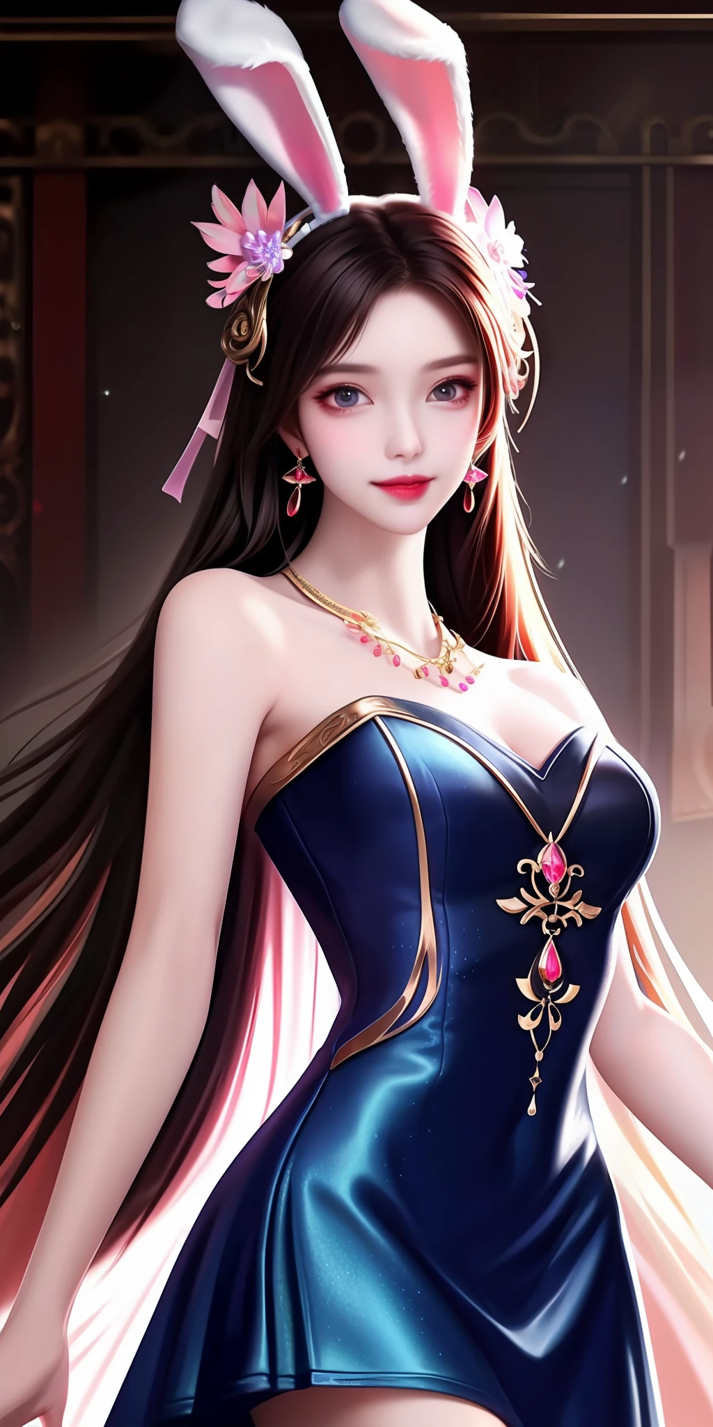Best quality, masterpiece, high resolution, 1girl, clear pink silk porcelain dress, beautiful face, rabbit ear ,hair accessories, looking at the audience, smiling, close your mouth, lips, dress, hair accessories, necklaces, jewelry, long hair, earrings, beautiful face, on the body, Tindal effect, realism, dark studio, edge lighting, two-tone lighting, (high detail skin: 1.2), 8k UHD, DSLR, soft light, high quality, volumetric lighting, photo, high resolution 4K, 8k, blurred background