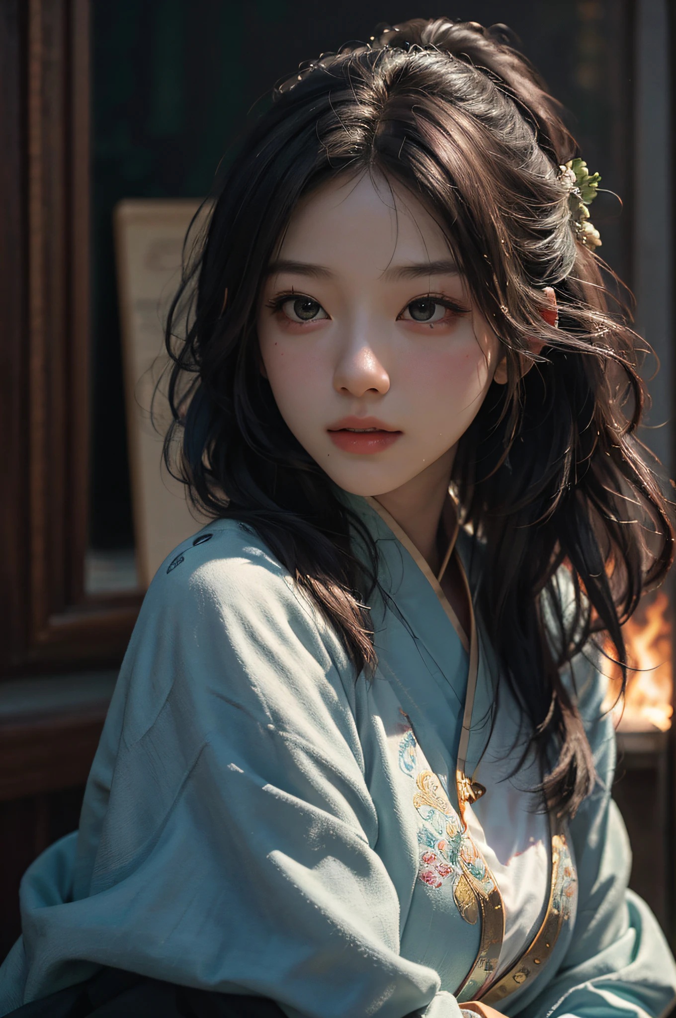 (RAW photo, best quality), (realistic, photo-realistic:1.3), best quality, highly detailed, masterpiece, ultra-detailed, illustration, 1girl, upper_body, dynamic angle, world mastery theater, messy_long_hair,best quality, extremely detailed CG unity 8k壁纸，墨水，可爱，动作搞怪，电影灯光，lens_flare，dunhuang_style