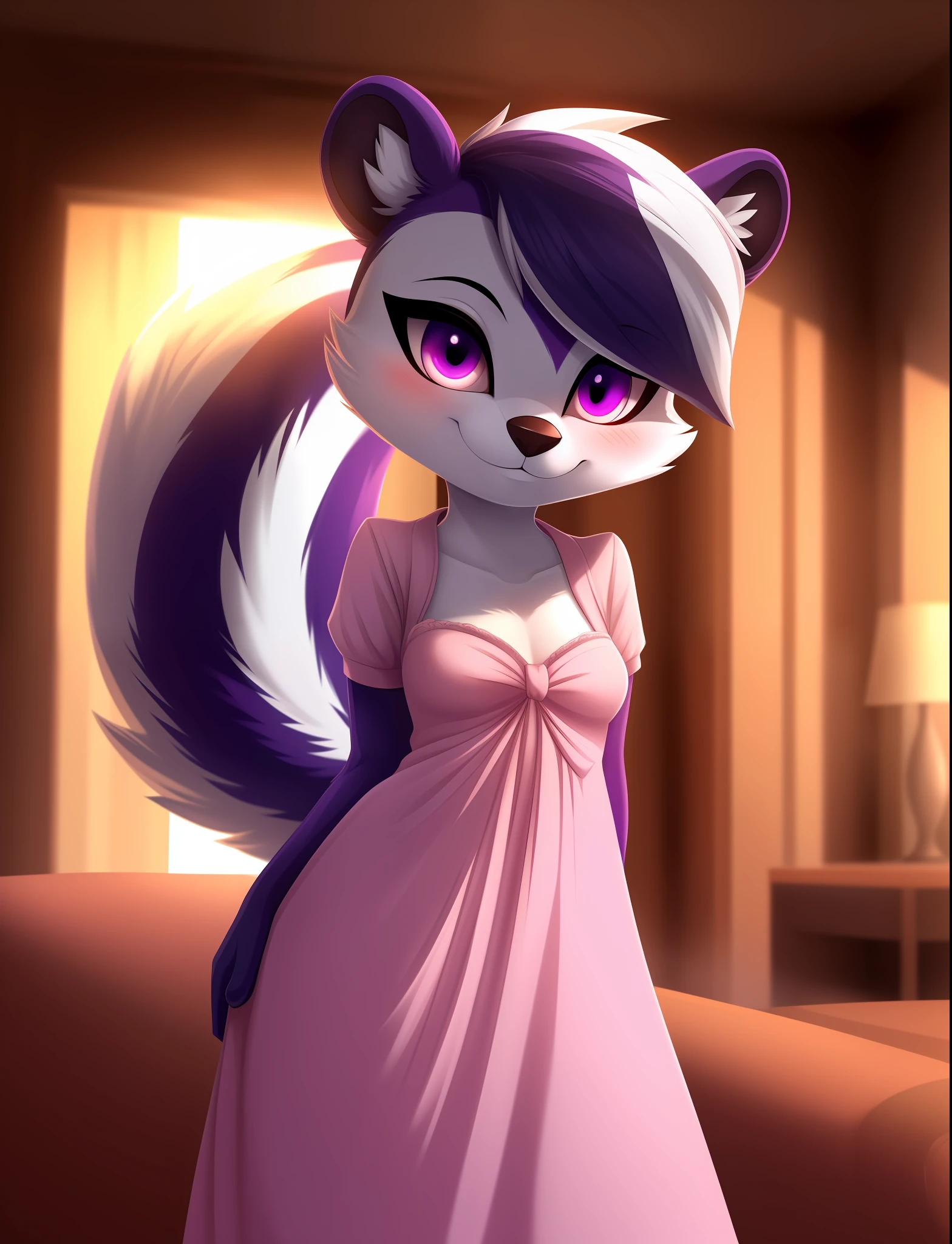uploaded on e621, solo female ((Fifi la Fume )) with ((clear eyes)), (cute female skunk), (small breasts), (blush), (smile), (large tail), (pink bow), (dress), (shirt), (purple fur), (white belly), (first person perspective), BREAK. (8k), ((2d-animation)), (detailed lighting), (detailed fur), ((standing)), ((lounge)), ((((looking at viewer)))), (((front view))), [backlighting], [detailed ambient light], [grey natural lighting], (((depth of field))), (suggestive content), [sharp focus], ((masterpiece)), BREAK