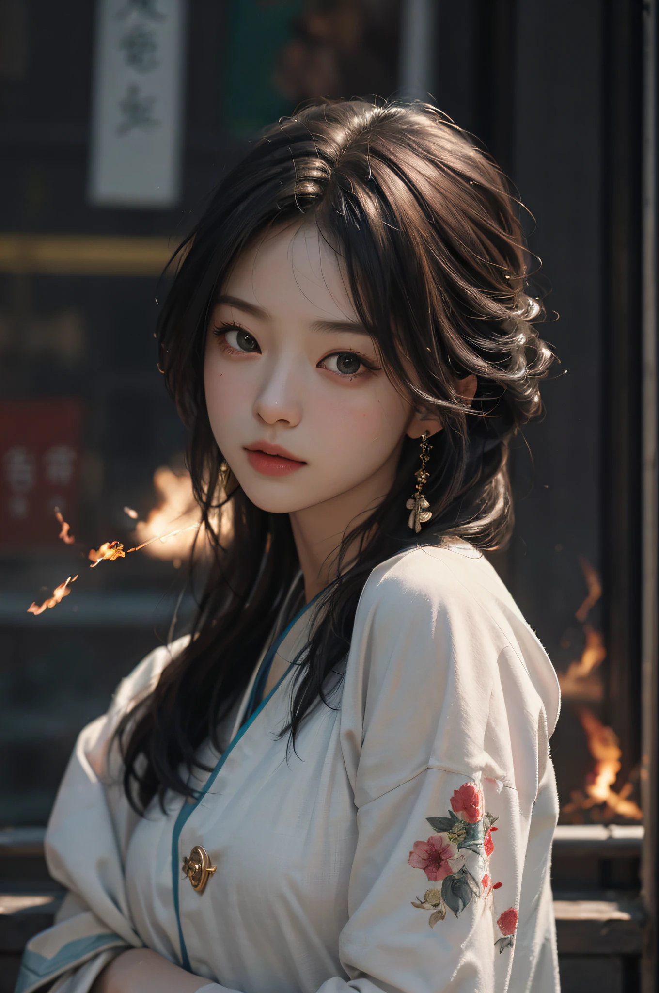 (RAW photo, best quality), (realistic, photo-realistic:1.3), best quality, highly detailed, masterpiece, ultra-detailed, illustration, 1girl, upper_body, dynamic angle, world mastery theater, messy_long_hair,best quality, extremely detailed CG unity 8k壁纸,墨水,可爱,动作搞怪,电影灯光,lens_flare,dunhuang_style