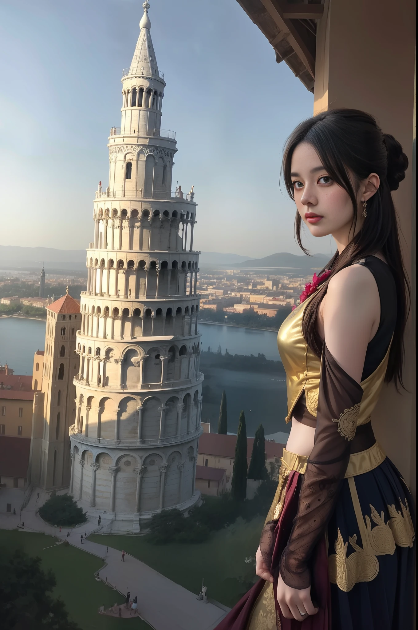 modelshoot style, (extremely detailed CG unity 8k wallpaper),full shot body photo of the most beautiful artwork in the world, stunningly beautiful photo realistic cute women intricately detailed costume, navel,princess eyes,(Leaning Tower Of Pisa background), professional majestic oil painting by Ed Blinkey, Atey Ghailan, Studio Ghibli, by Jeremy Mann, Greg Manchess, Antonio Moro, trending on ArtStation, trending on CGSociety, Intricate, High Detail, Sharp focus, dramatic, photorealistic painting art by midjourney and greg rutkowski