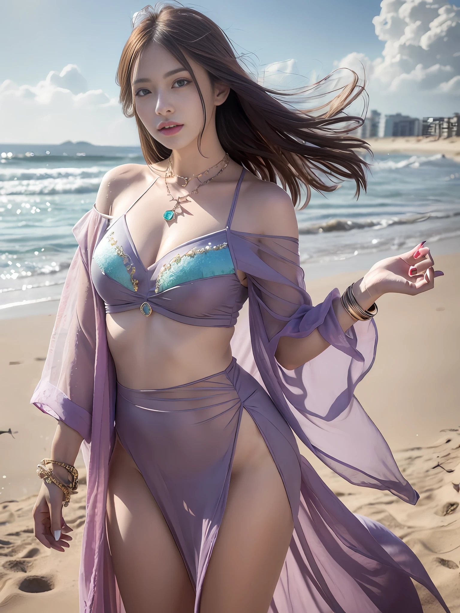 (best quality:1.1) ,(photorealistic:1.1), (photography:1.1), (highly detailed:1.1), looking at viewer,armlet, Jade bracelet, eyelashes, happy, medium breasts,beautiful detailed girl, (extremely detailed eyes and face), (lighting on face),necklace,Colorful clothes, [chinese clothes],[off shoulder], (solo:1.2), sandbeach,sand,Standing by the seaside, summer, (beautiful detailed sky),seethru,