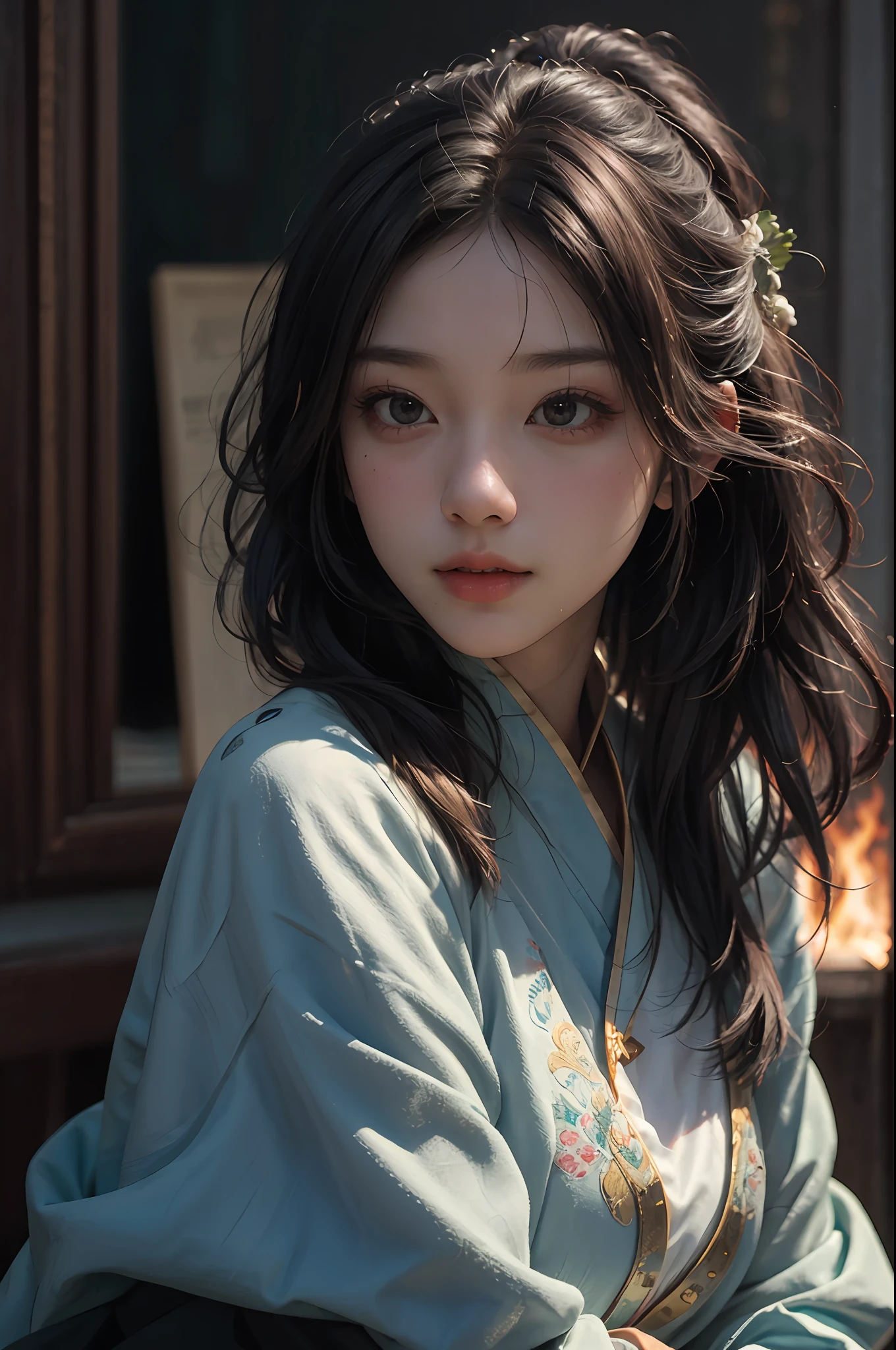 (RAW photo, best quality), (realistic, photo-realistic:1.3), best quality, highly detailed, masterpiece, ultra-detailed, illustration, 1girl, upper_body, dynamic angle, world mastery theater, messy_long_hair,best quality, extremely detailed CG unity 8k壁纸，墨水，可爱，动作搞怪，电影灯光，lens_flare，dunhuang_style