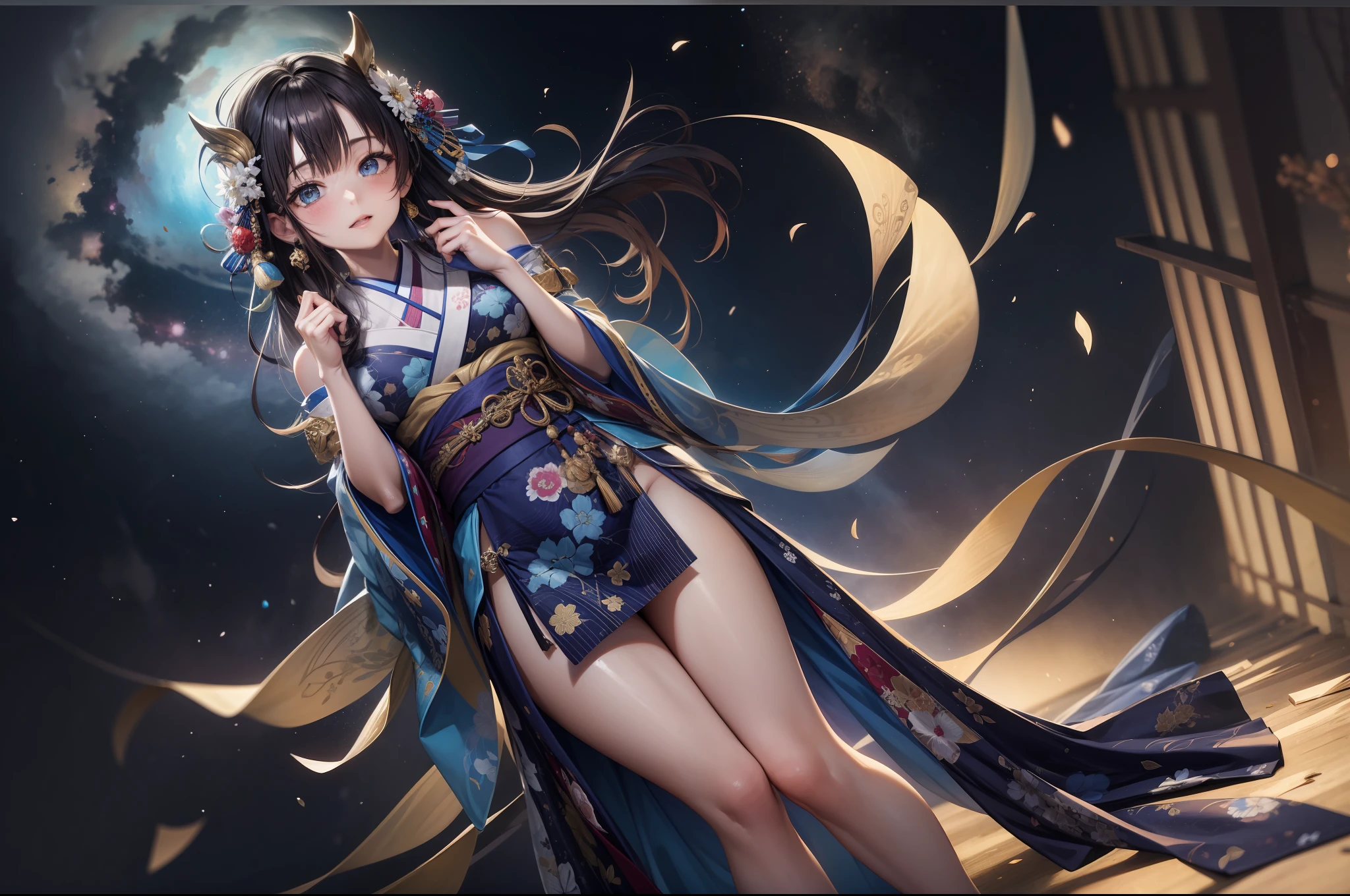 fantastic, Milky Way, One woman, Japanese costume, full body, cinematic angle of view, high definition, high image quality, ultra-detailed