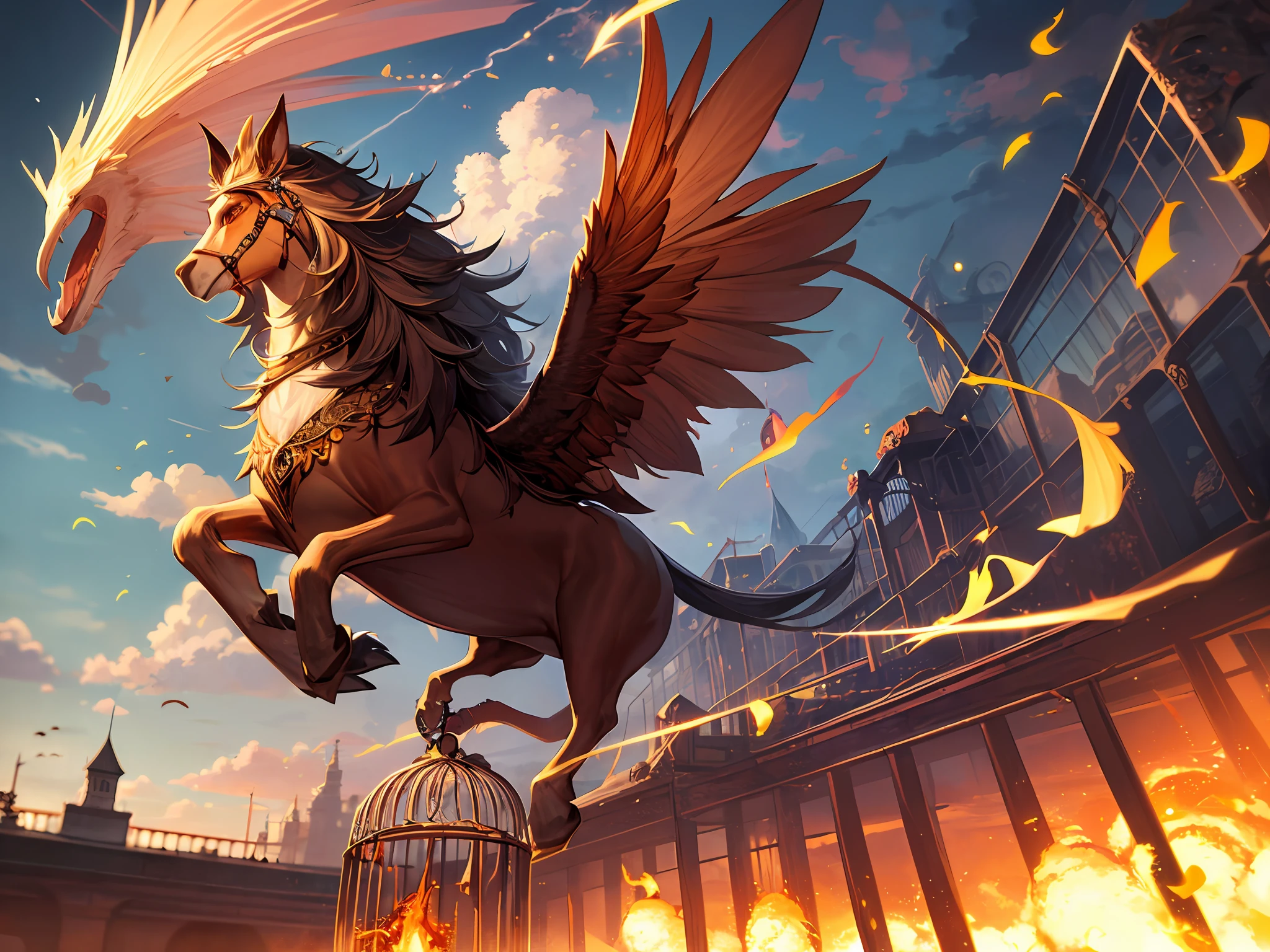 Mythical beasts come out of their cages and fly in the sky, (broken cage:1.5),clouds, lightning, flames, tornadoes