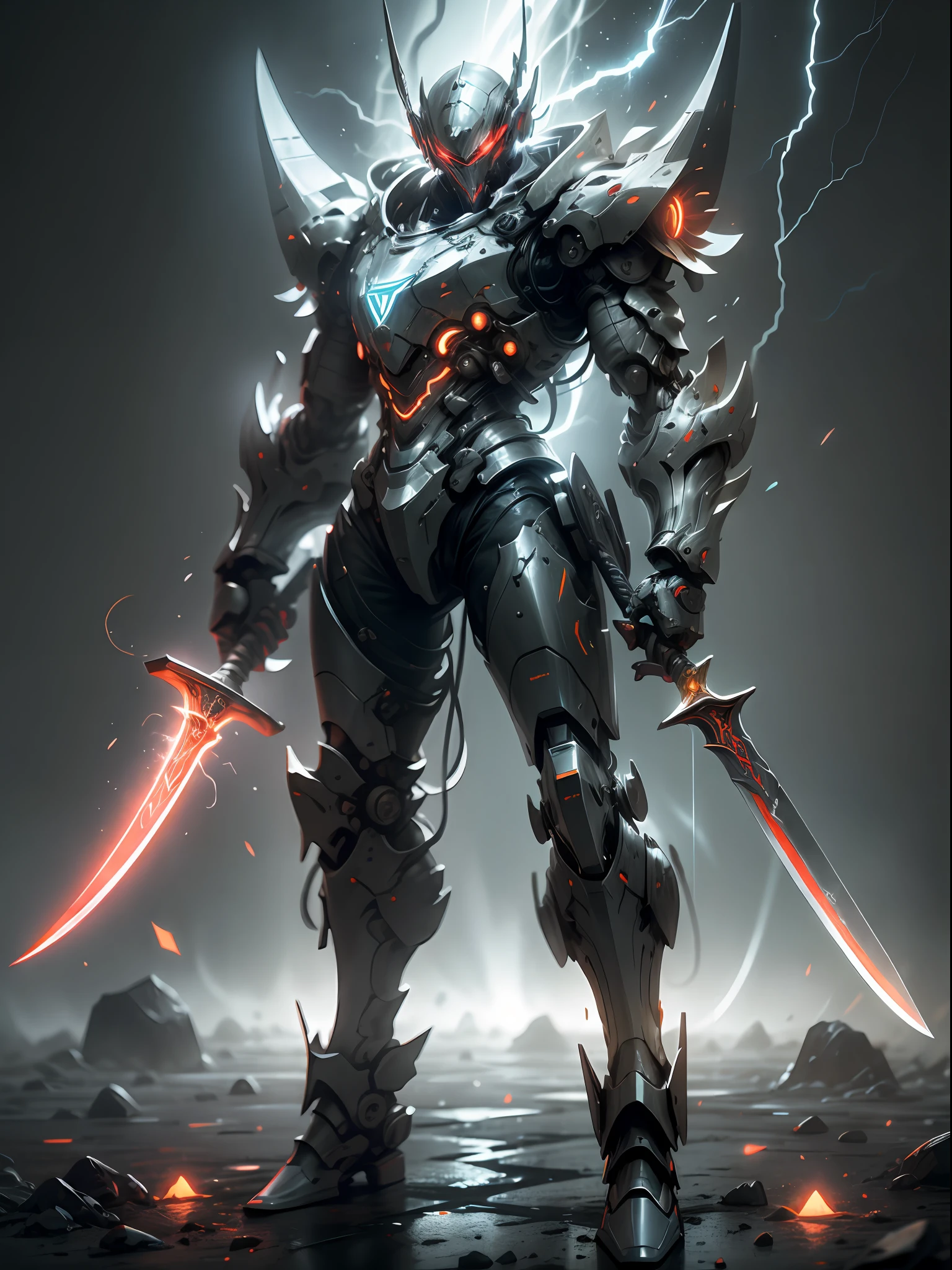 Red Ghost Hunter with Long Knife, Super Cool Ghost Slayer, Wearing Red Mechanical Armor, Long Knife, Lightning Surround, Super Detail, Realistic, Shiny, Reflective, Bioluminescence, Galactic Cybernetics Mask, Mecha, (Executioner: 1.2), Cloak, SH4G0D, GlowingRunes_red, Full Body, Movie, Dark Background, Backlit, High Contrast,