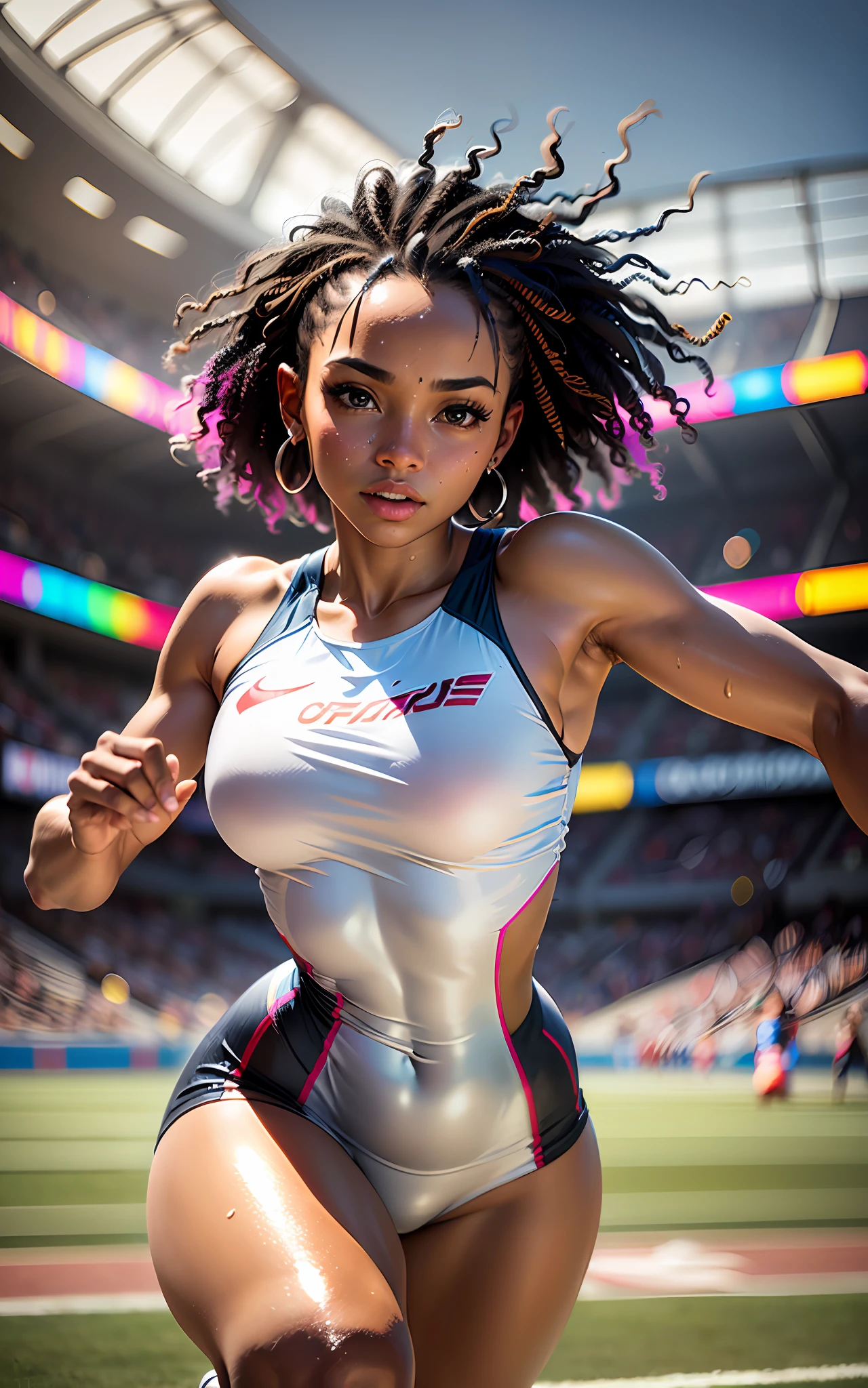 (award winning 64k concept art:1.2) of (black young woman:1.2) in usa sports team sportswear at the stadium, sweet, sprinting at the camera, front, epic, god rays, sweat, centered, upper body, (masterpiece:1.2), (best quality:1.3), Amazing, highly detailed, beautiful, finely detailed, warm soft color grading, (Depth of field:1.4), extremely detailed 64k, fine art, stunning, iridescent, (shiny:1.4), (light reflections:1.3), (crisp:1.6), silver short curls, spring, vibrant, sunlit, (edge detection:1.4), absurdres, impressive, 120mm, glittering, extremely clear, lens flare, motion lines