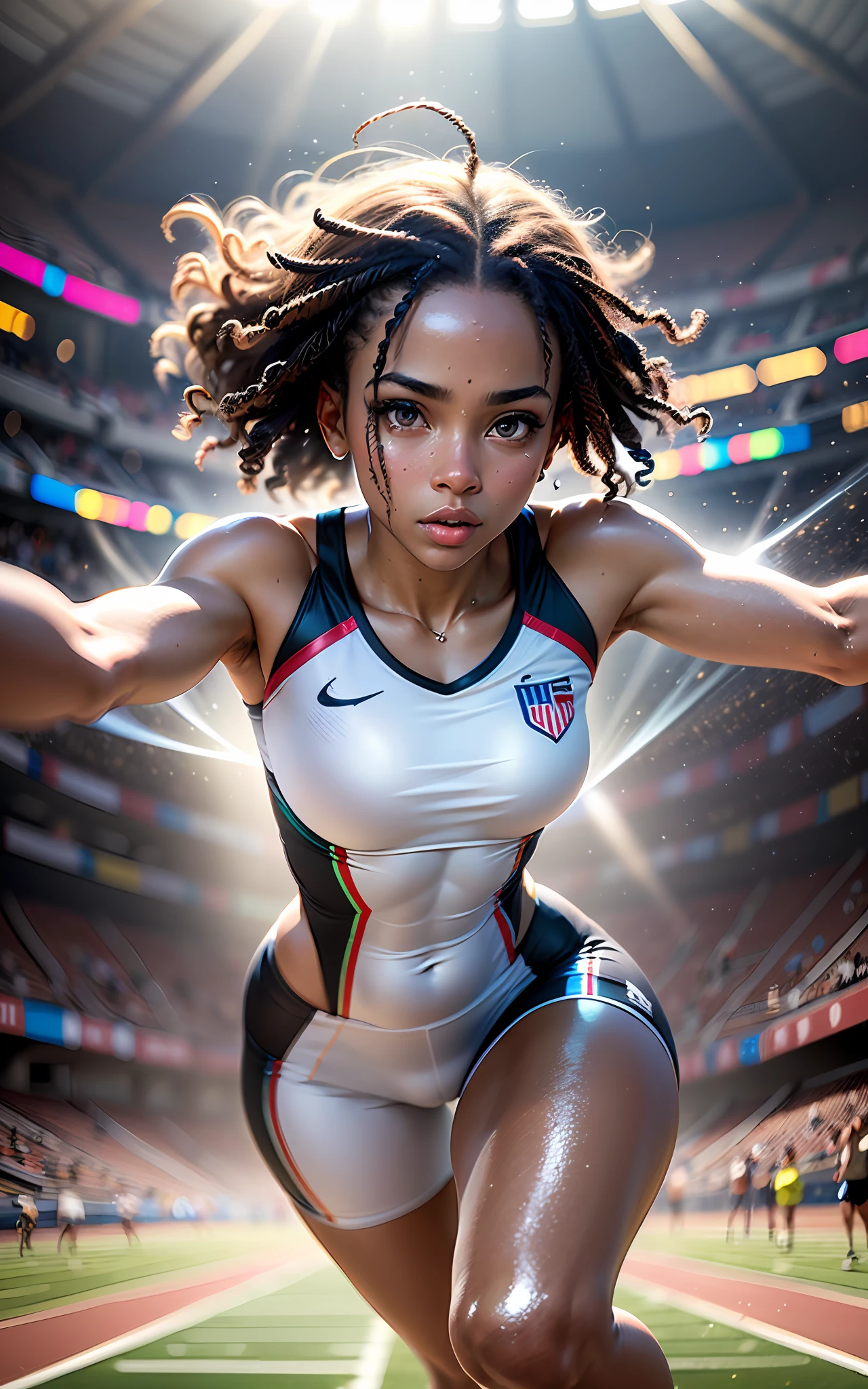 (award winning 64k concept art:1.2) of (black young woman:1.2) in usa sports team sportswear at the stadium, sweet, sprinting at the camera, front, epic, god rays, sweat, centered, upper body, (masterpiece:1.2), (best quality:1.3), Amazing, highly detailed, beautiful, finely detailed, warm soft color grading, (Depth of field:1.4), extremely detailed 64k, fine art, stunning, iridescent, (shiny:1.4), (light reflections:1.3), (crisp:1.6), silver short curls, spring, vibrant, sunlit, (edge detection:1.4), absurdres, impressive, 120mm, glittering, extremely clear, lens flare, motion lines