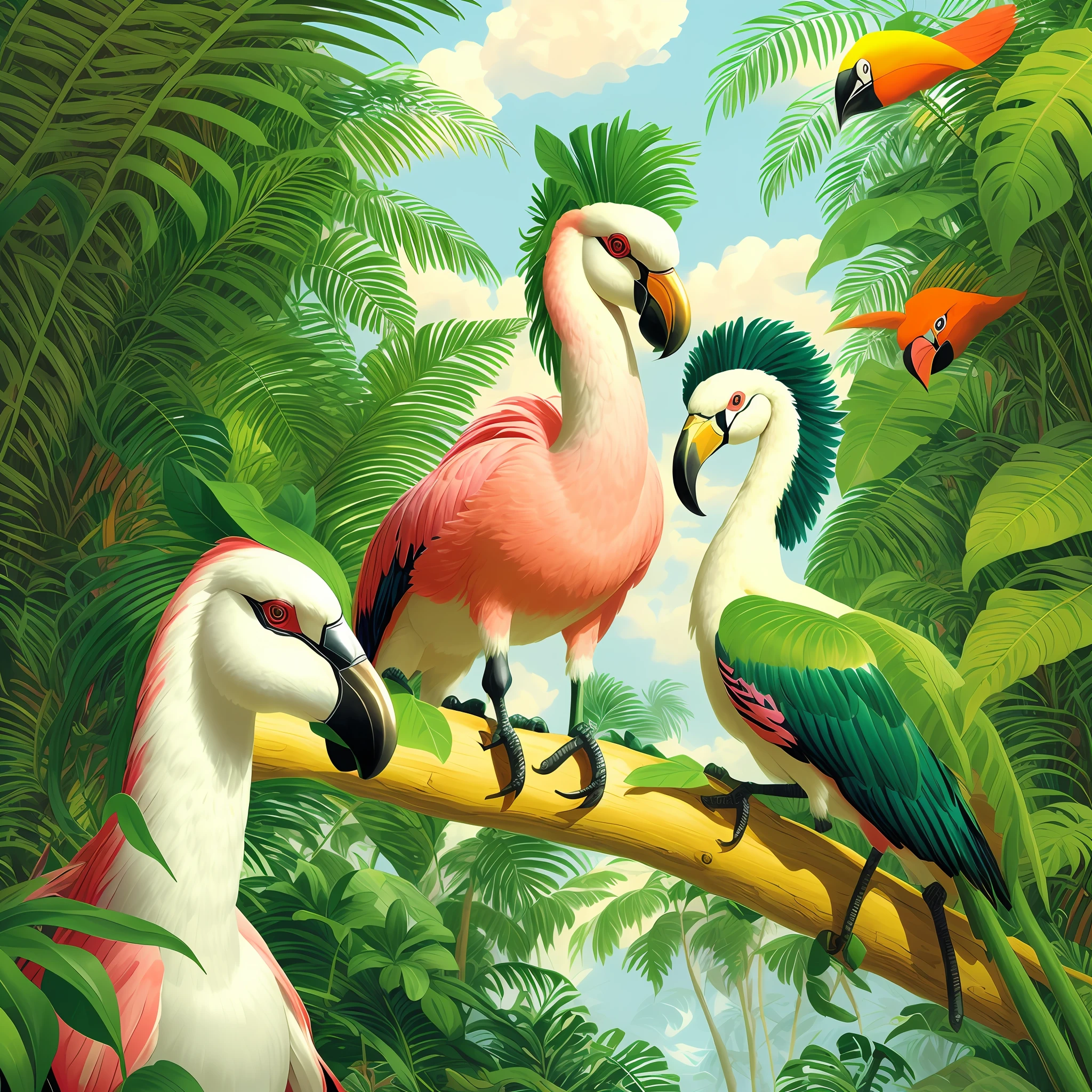 zebras, flamingos, toucans and cockatoos are standing on a branch in a jungle, highly detailed digital painting, animal painting, beautiful detailed animals, tropical birds, highly detailed digital painting, painted in high resolution, highly detailed painting, mysterious painting in the jungle, laurent durieux, highly detailed 4K painting, by David B. Mattingly, hildebrandt, by Don Reichert --auto --s2