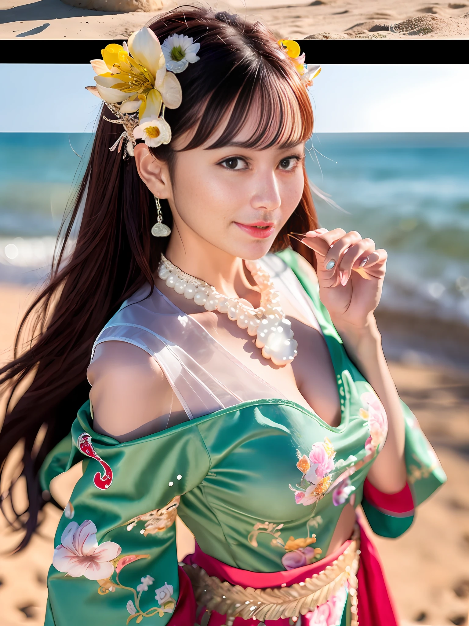 (best quality:1.1) ,(photorealistic:1.1), (photography:1.1), (highly detailed:1.1), looking at viewer,armlet, Jade bracelet, eyelashes, happy, medium breasts,beautiful detailed girl, (extremely detailed eyes and face), (lighting on face),necklace,Colorful clothes, [chinese clothes],[off shoulder], (solo:1.2), sandbeach,sand,Standing by the seaside, summer, (beautiful detailed sky),seethru,