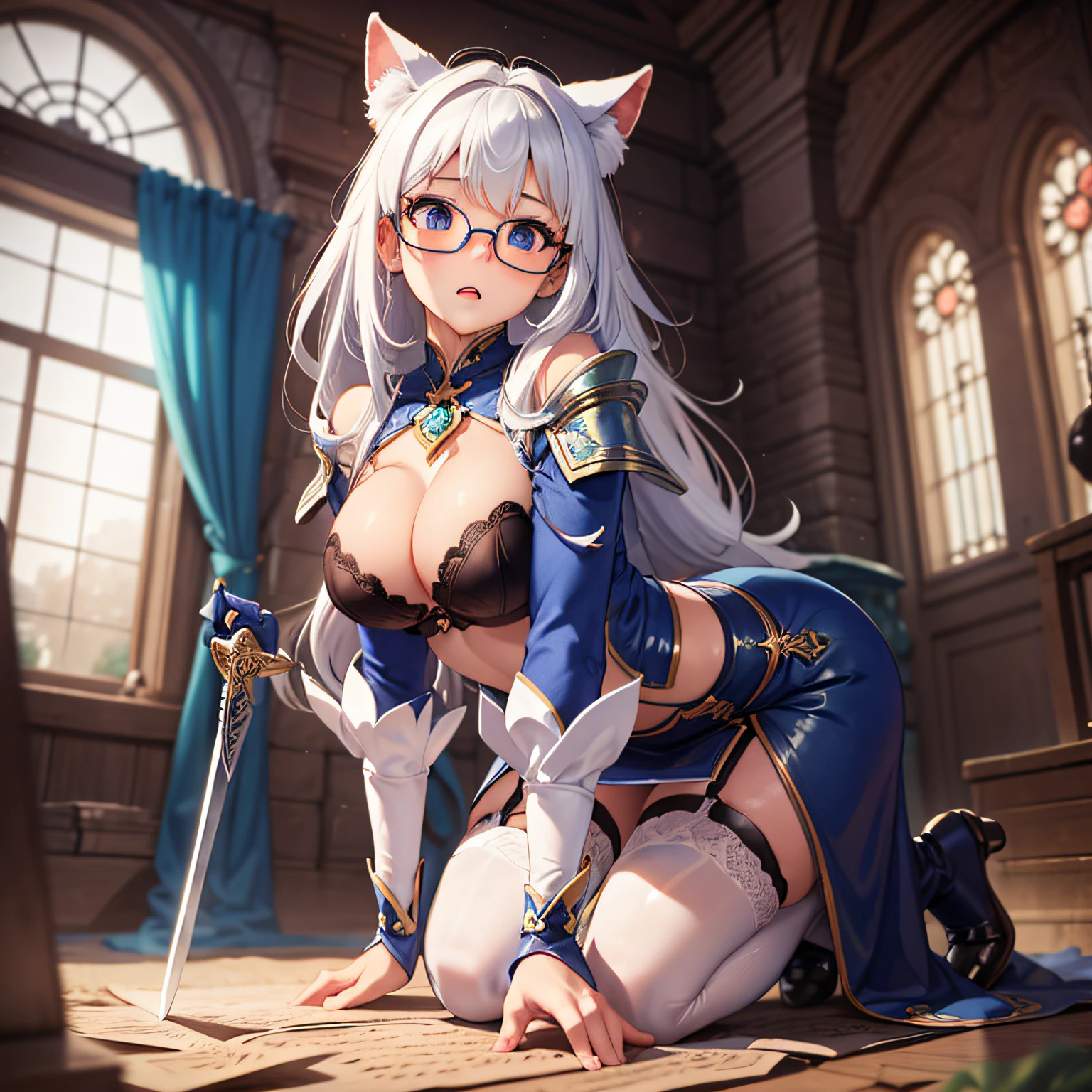 Girl. A world of swords and sorcery. Wizard. White underwear. Wearing glasses. Miniskirt. All fours. Opening the crotch. Garter. Big tits. Thick thighs. Looking up.