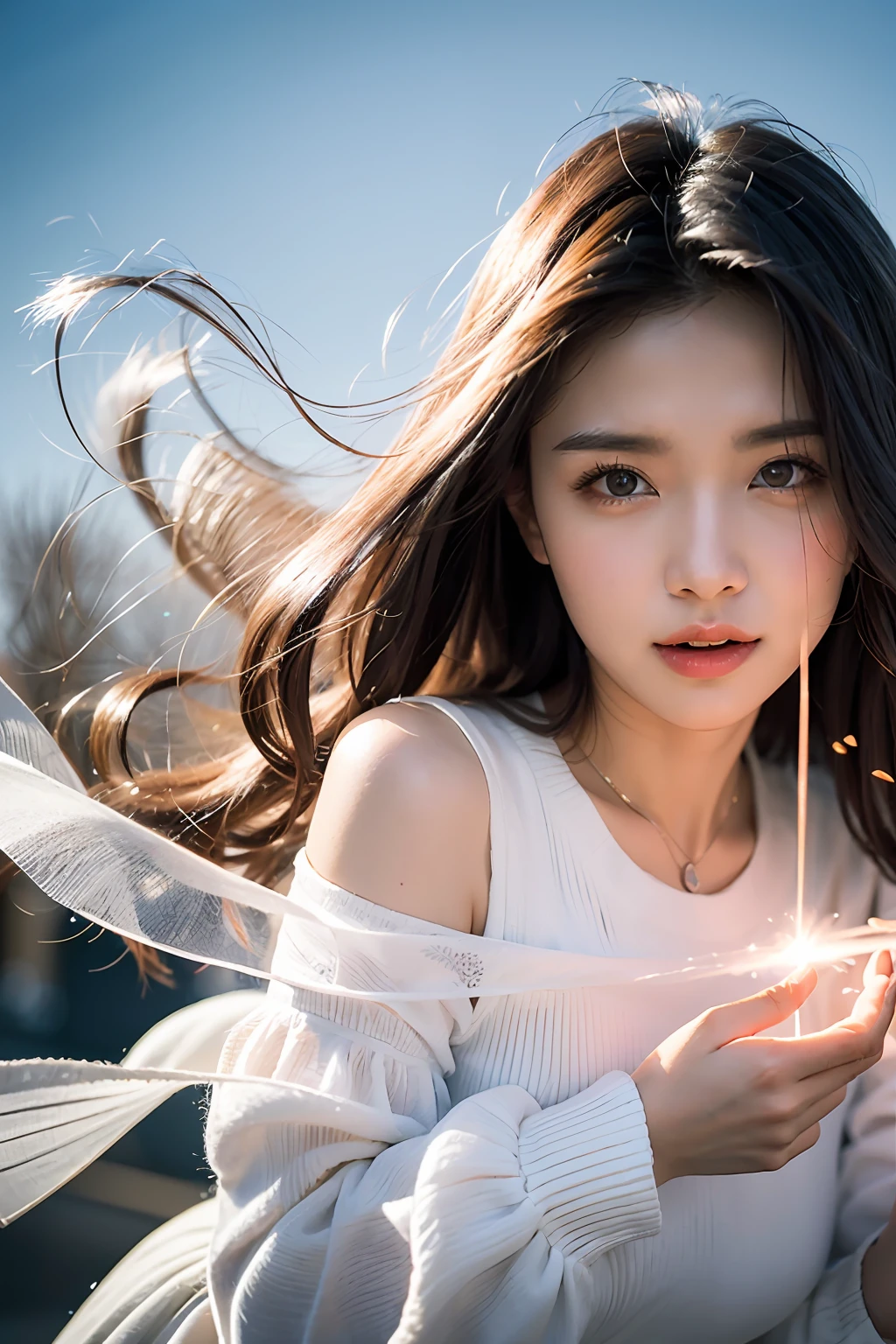 (Masterpiece, Top Quality, Best, Official Art, Beautiful and Aesthetic, Long Exposure: 1.2), Smooth Movement, Captivating Pattern, 1 Girl, (Long skirt with sleeves: 1.3), (((White clothes))), Upper body close-up, No shoulders, Chinese girl, blush, black lob hair, portrait, solo, upper body, gaze observer, detailed background, detailed face, (crystallineAI, crystalline theme: 1.1), Elements in the background wind elf, swirling wind, control wind, white crystal clothes, dynamic pose, floating particles, ethereal power, whirlwind, vapor, whirlwind in background, white tone, whirlwind, ethereal atmosphere,