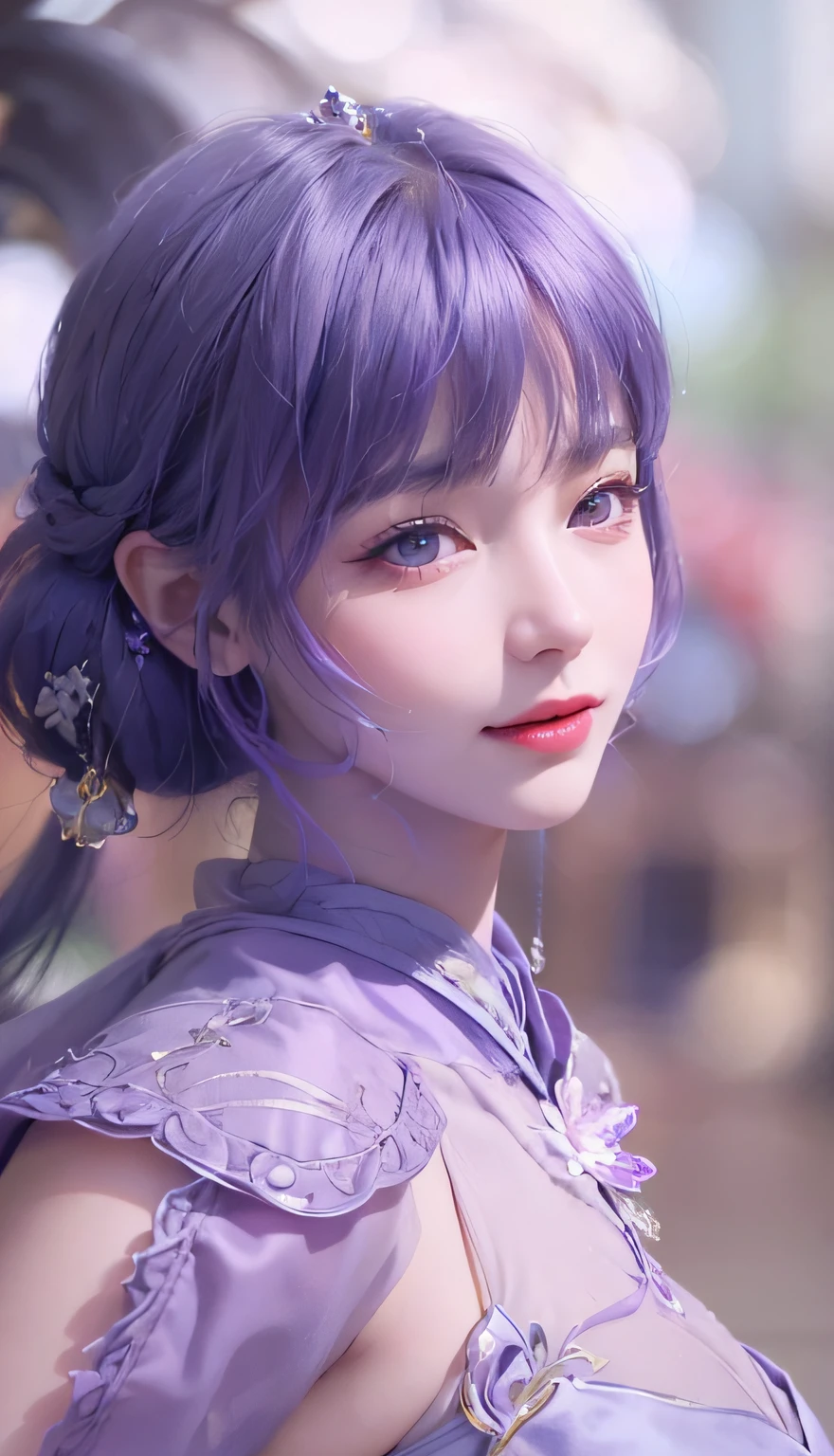 Close-up of a person in purple costume and purple hair, seductive princess knight, beautiful woman with violet skin, giggling character, super detailed fantasy character, Yunling, full body fairy, Hirase Jinyao, beautiful and elegant queen, portrait of the queen, beautiful woman with gorgeous robes, ((delicate and beautiful facial features)), ((perfect face))