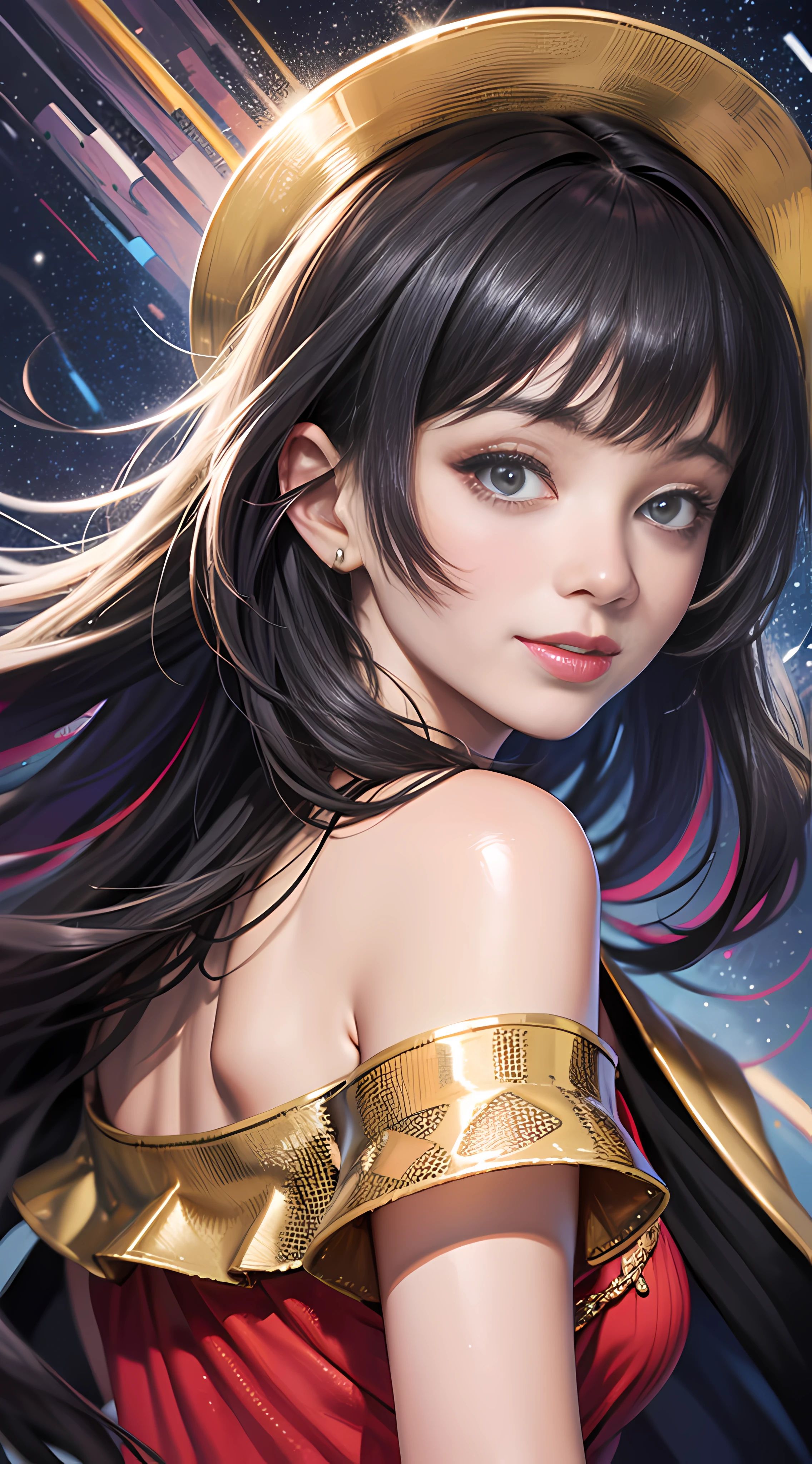 Best quality, 8K, don't miss fingers, 1 girl, upper body, multicolored clothes, black hair, starry sky background, smile, KDA, solo, long hair, short hair, dress,