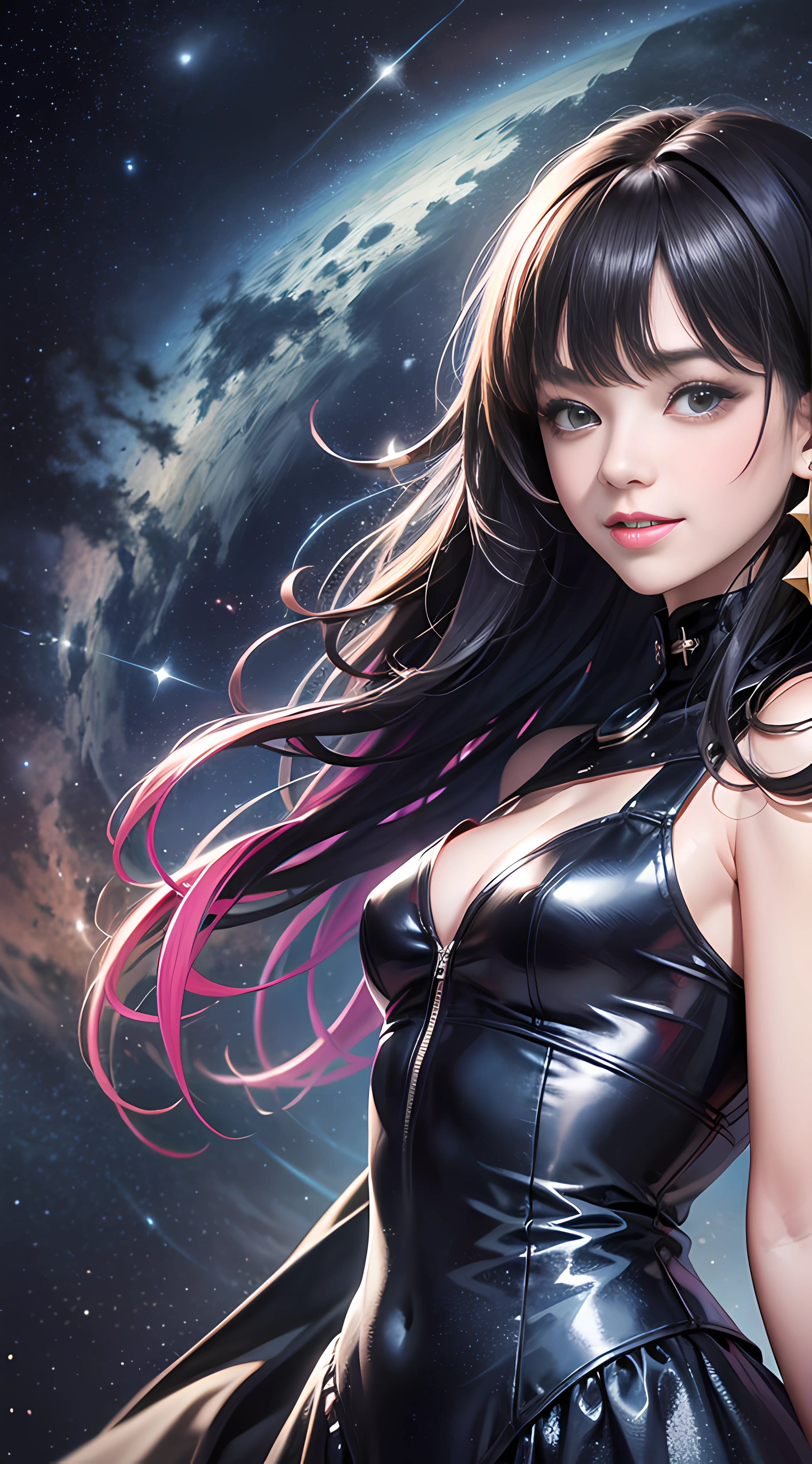 Best quality, 8K, don't miss fingers, 1 girl, upper body, multicolored clothes, black hair, starry sky background, smile, KDA, solo, long hair, short hair, dress,