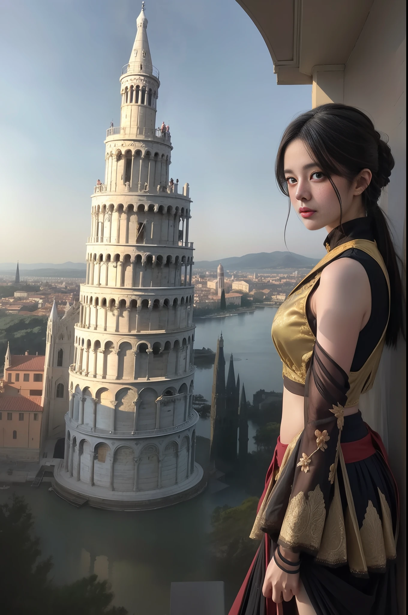 modelshoot style, (extremely detailed CG unity 8k wallpaper),full shot body photo of the most beautiful artwork in the world, stunningly beautiful photo realistic cute women intricately detailed costume, navel,princess eyes,(Leaning Tower Of Pisa background), professional majestic oil painting by Ed Blinkey, Atey Ghailan, Studio Ghibli, by Jeremy Mann, Greg Manchess, Antonio Moro, trending on ArtStation, trending on CGSociety, Intricate, High Detail, Sharp focus, dramatic, photorealistic painting art by midjourney and greg rutkowski