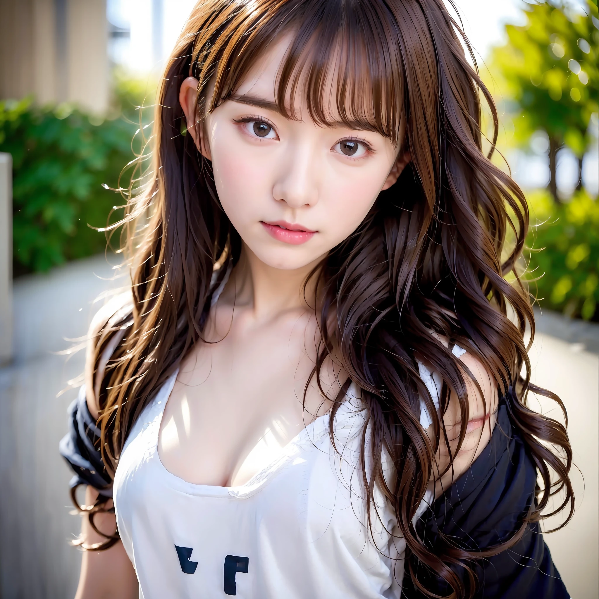 17-year-old schoolgirl, cute schoolgirl, beautiful girl, delicate and beautiful girl, delicate facial features, close-up portrait, 8K picture quality, extreme detail, detail portrayal, messy hair, (cute bangs), wavy micro-curls, hair shoulder-length, flowing hair, black hair, slim face, looming figure, perfectly proportioned body, slim body, realism, ultra-high resolution, master work 1, realistic texture, cinematic lighting realism, facial features, supple lips, ((pure lust makeup)), Pure Girl, First Love, First Love, Shy, Blushing, Shy, Innocent Expression, Spring, Outdoor, Gaze at the Camera, Look at the Viewer, Soccer Baby, Soccer Jersey, Shorts