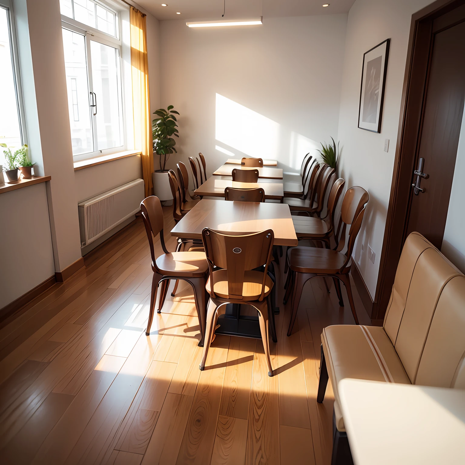 Café, interior space, simple decoration style, white walls, wooden tables and chairs, bright space, photorealism --auto