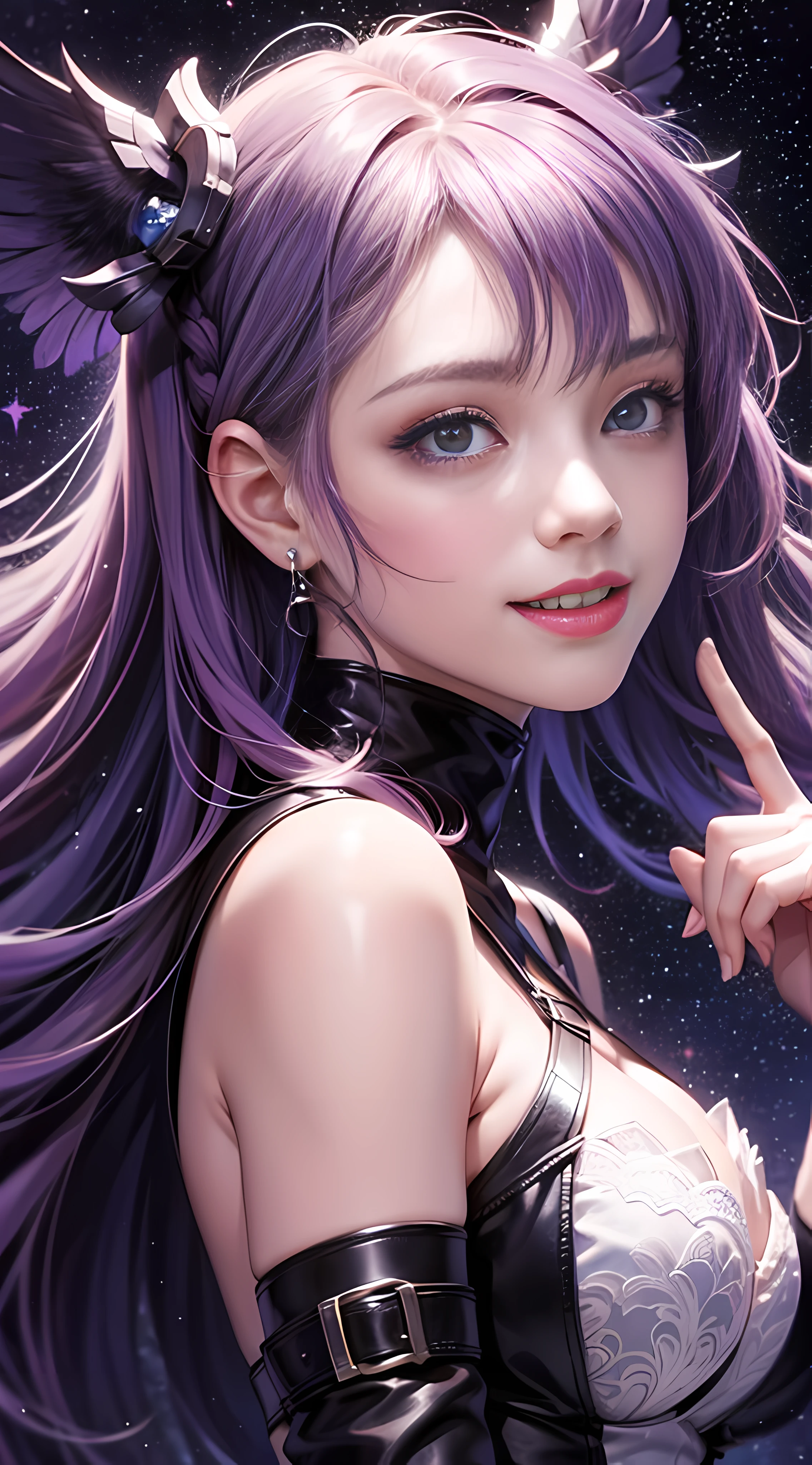 Best quality, 8K, don't miss fingers, 1 girl, bodice, multicolored dress, purple hair, flowing hair, starry background, smile, KDA, solo,