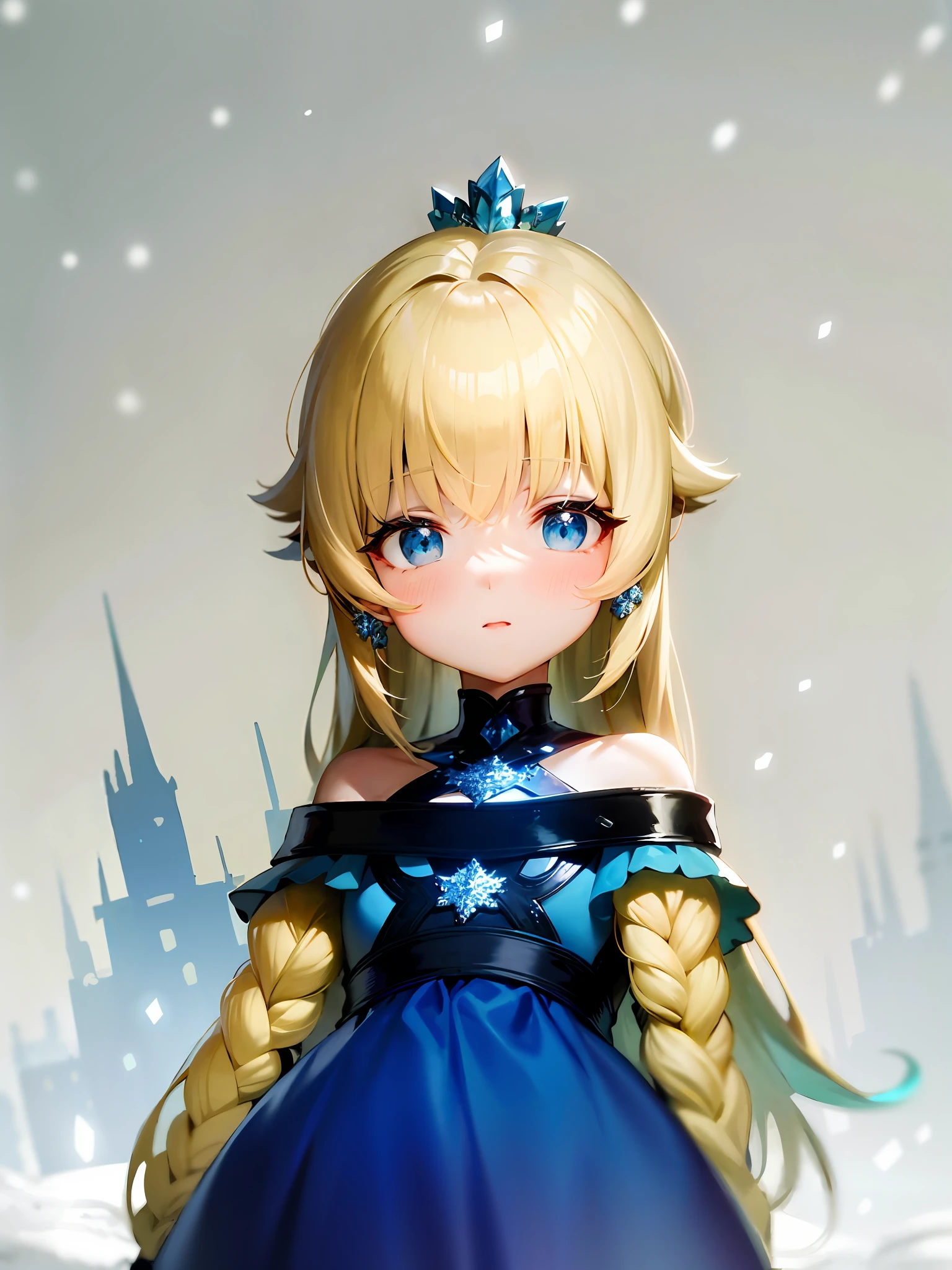 Big sky blue eyes, long blonde hair, gradient blue dress, blonde princess, inspired by Princess Frozen, snow,