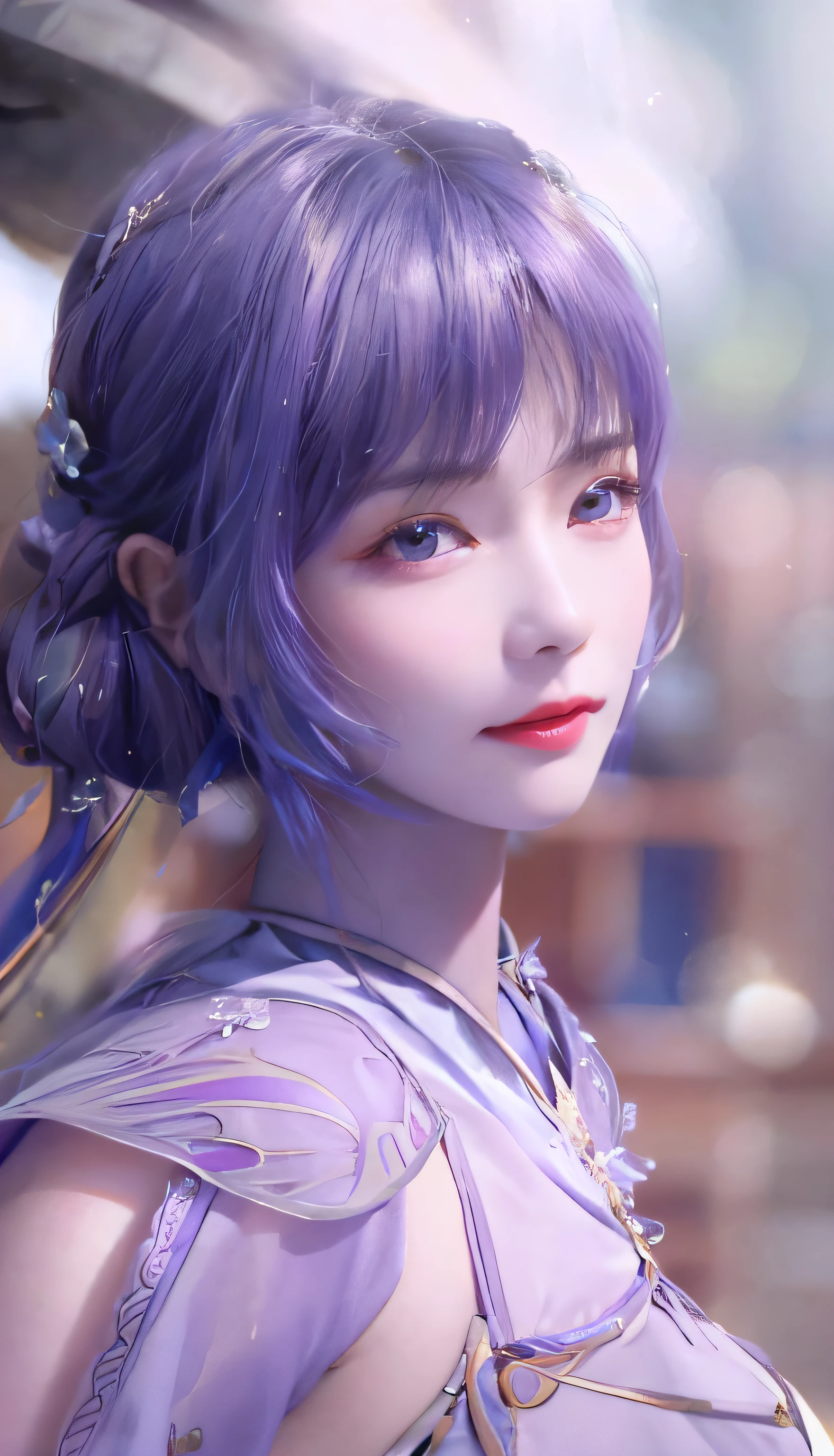 Close-up of a person in purple costume and purple hair, seductive princess knight, beautiful woman with violet skin, giggling character, super detailed fantasy character, Yunling, full body fairy, Hirase Jinyao, beautiful and elegant queen, portrait of the queen, beautiful woman with gorgeous robes, ((delicate and beautiful facial features)), ((perfect face))