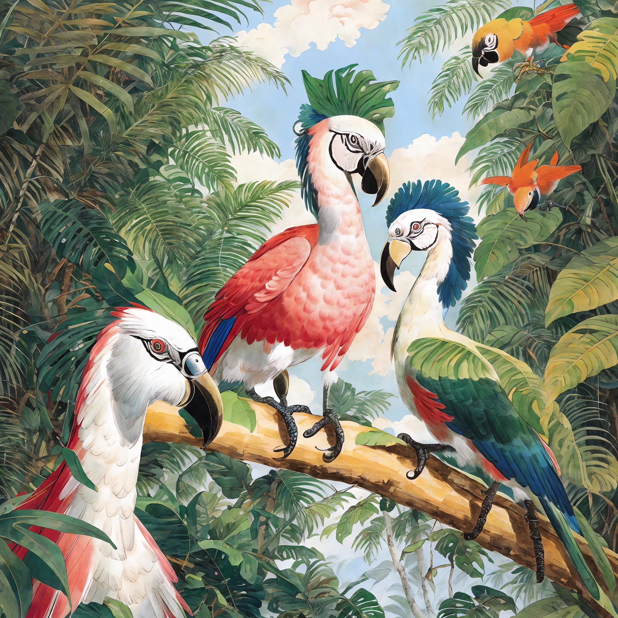 there are many birds that are standing on a branch in the jungle, tropical birds, colorful birds, parrots, birds of paradise, rare bird in the jungle, hd illustration, tropical paradise, by Charles Bird King, mystical birds, beautiful nature, tropical, beautiful high resolution, camaraderie, very detailed birds, artwork, hd art, tropical bird feathers --auto --s2