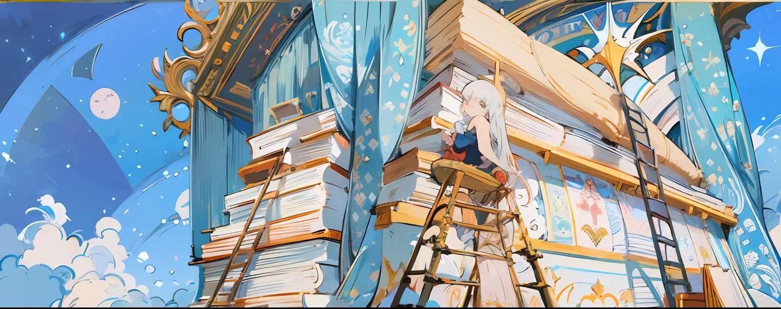 Woman climbing ladder to building, detailed book illustration, fairy tale painting, Vladimir Borovykovsky, Maximilian Vanka, Igor Grabar, Mikhail Lebedev, Nikita Viprikov, Nadya Rusheva, Baroque painting. Starry Sky by Nina Petrovna Valetova, by Alexander Kucharsky, detail, 8k, master work, super quality, blue