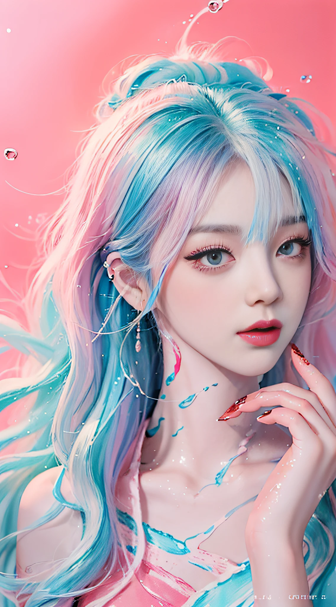 (Masterpiece, Best Quality, High Resolution), White Background, Acrylic Paint, ((Color Splash, Splash of Ink, Color Splash)), Sweet Chinese Girl, Long Light Blue Hair, [Light Blue|Pink] Hair, Curly Hair, Glitter, Peach Lips, White Shirt, Front, Upper Body