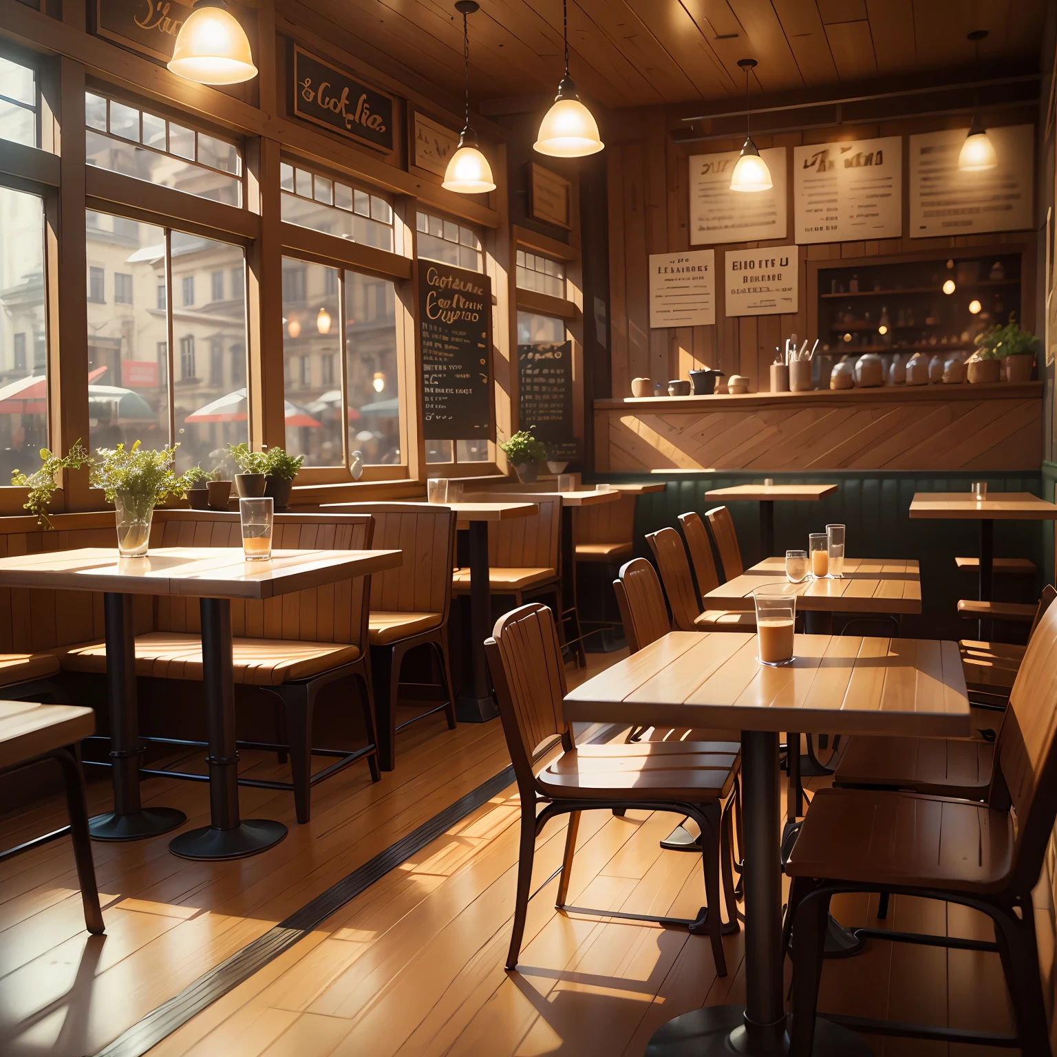 Café, interior space, simple decoration style, white walls, wooden tables and chairs, bright space, photorealism --auto