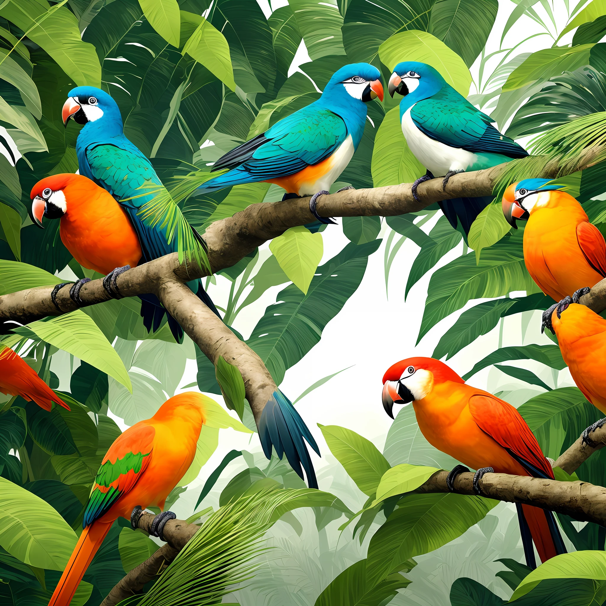 there are many birds that are sitting on a branch in the jungle, tropical birds, parrots, hd illustration, rare bird in the jungle, colorful birds, birds of paradise, a beautiful artwork illustration, beautiful nature, very detailed birds, wildlife illustration, hd wallpaper, harmony of nature, birds f cgsociety, mystical birds, 4 k hd wallpaper illustration --auto --s2