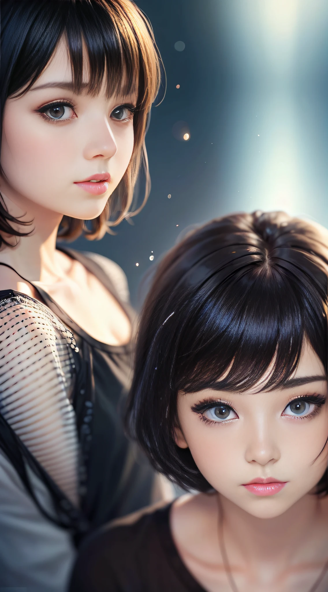 (Masterpiece), (high quality), (ultra detailed), (short hair), (illustration), (1girl), (casual clothes), standing, model, looking at the viewer, (photo essay), (blurred background), beautiful detailed eyes, beautiful and delicate face, black skin, floating, (low saturation), (bright), focus on facial expression, black hair, side bangs,