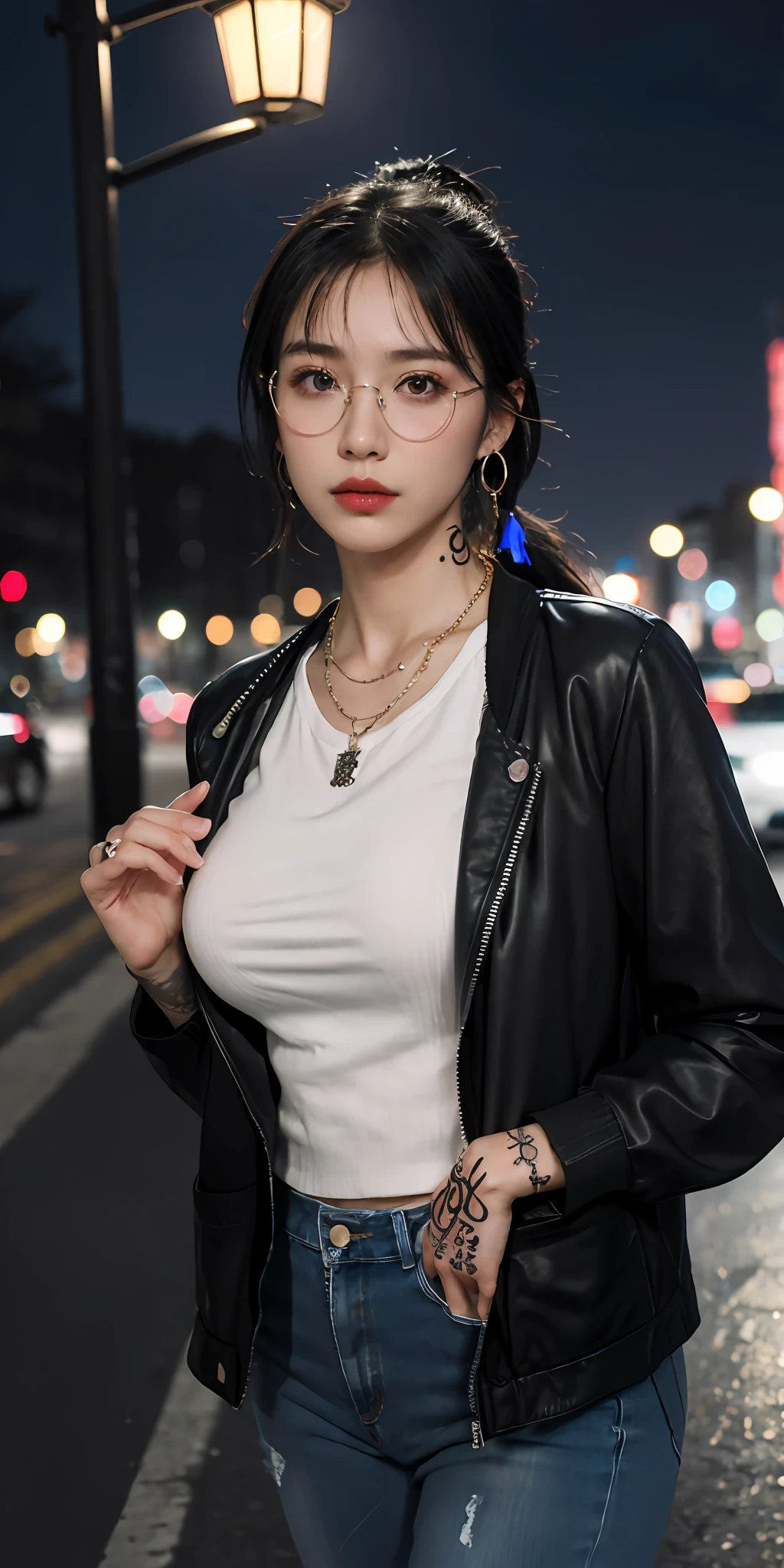 ((Highres)), ((masterpiece)), ((highly quality)), ((highly detailed)), ((realistic)), ((ultra realistic detail)), (((photorealistic))), ((potrait)), ((4k wallpaper)), ((1girl)), (solo), very beautiful teenage girl, ((sexy body)), ((big boobs)), ((white hair)), ((long hair)), ((pony tail hair style)), (glasses), tanktop, (((jacket))), ((jeans)), ((Neck full of tattoos)), ((hands full of tattoos)), watch, bracelet, necklace, ring, earrings, ((Japanese Night background)), car, pedestrian, street lamp, street lamp light, ((eye detail)), exquisite nose detail, realistic face, realistic eyes, ((cold expression)), ((cool face)).
