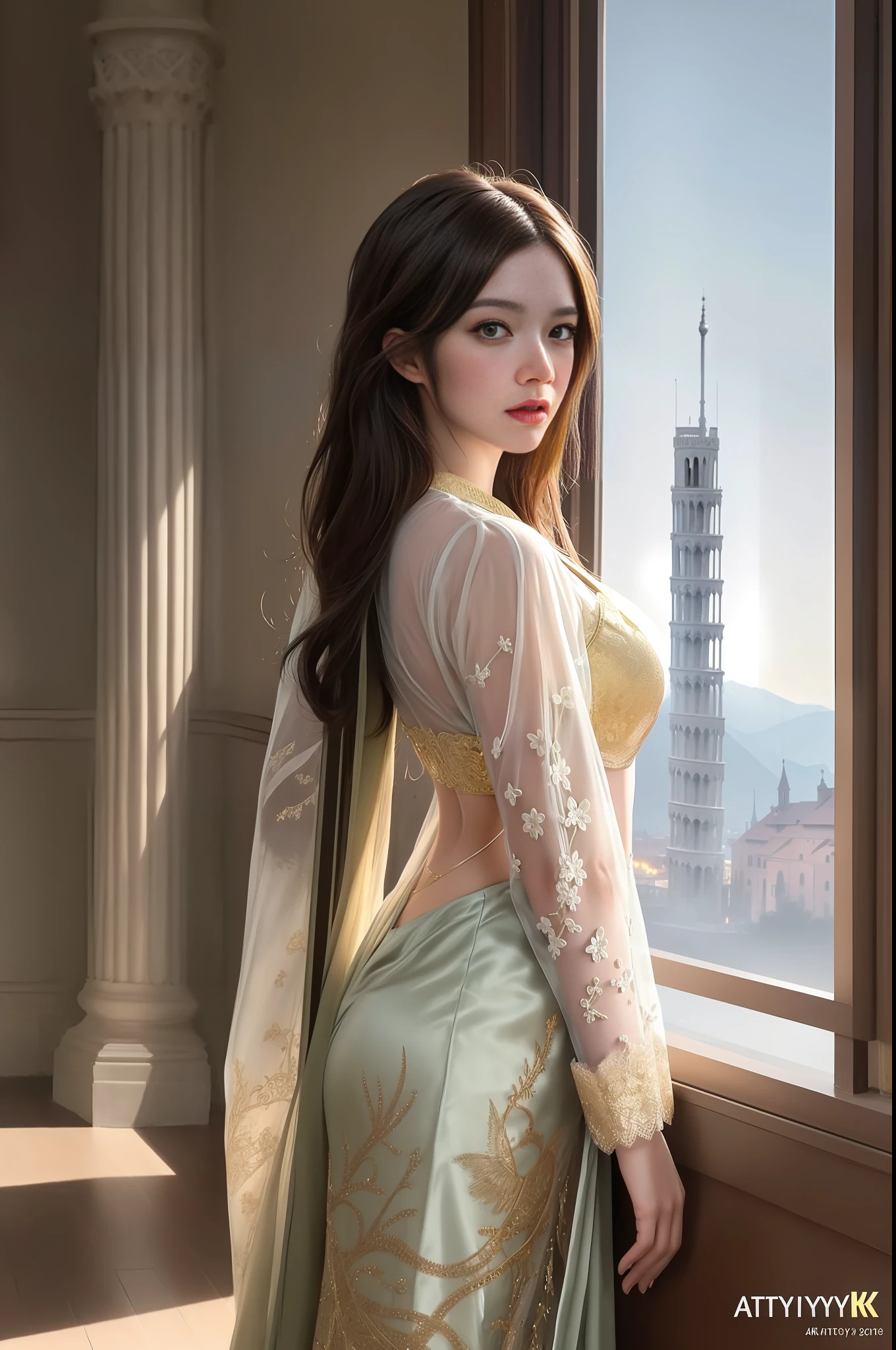 modelshoot style, (extremely detailed CG unity 8k wallpaper),full shot body photo of the most beautiful artwork in the world, stunningly beautiful photo realistic cute women intricately detailed costume, navel,princess eyes,(Leaning Tower Of Pisa background), professional majestic oil painting by Ed Blinkey, Atey Ghailan, Studio Ghibli, by Jeremy Mann, Greg Manchess, Antonio Moro, trending on ArtStation, trending on CGSociety, Intricate, High Detail, Sharp focus, dramatic, photorealistic painting art by midjourney and greg rutkowski