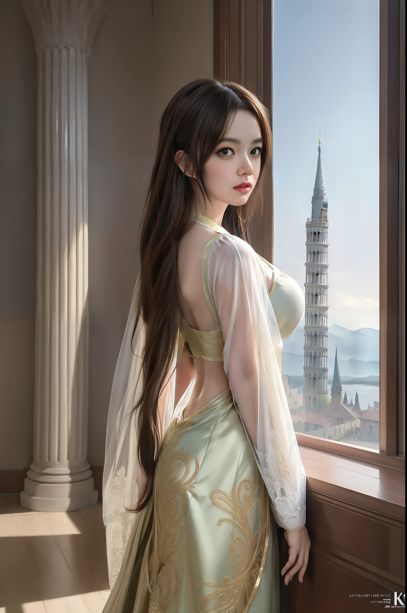 modelshoot style, (extremely detailed CG unity 8k wallpaper),full shot body photo of the most beautiful artwork in the world, stunningly beautiful photo realistic cute women intricately detailed costume, navel,princess eyes,(Leaning Tower Of Pisa background), professional majestic oil painting by Ed Blinkey, Atey Ghailan, Studio Ghibli, by Jeremy Mann, Greg Manchess, Antonio Moro, trending on ArtStation, trending on CGSociety, Intricate, High Detail, Sharp focus, dramatic, photorealistic painting art by midjourney and greg rutkowski