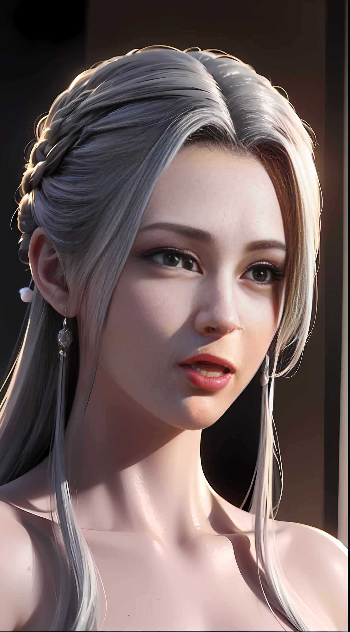 Best Quality, Masterpiece: 1.4), Ultra High Resolution, Realistic, Front Lighting, Intricate Details, Delicate Details and Textures, 1girl, Solo, (Young), Facial Highlight, Upper Body, Detail Face, Tear Mole, White Skin, Silver Hair, Ponytail, Braid, Looking at the Audience, Big Eyes, (Openwork Pattern, Black, Silk), Earrings, , Slim Figure, Deluxe Room, Professional Lighting, Photon Mapping, Teleportion, Physically Based Rendering,