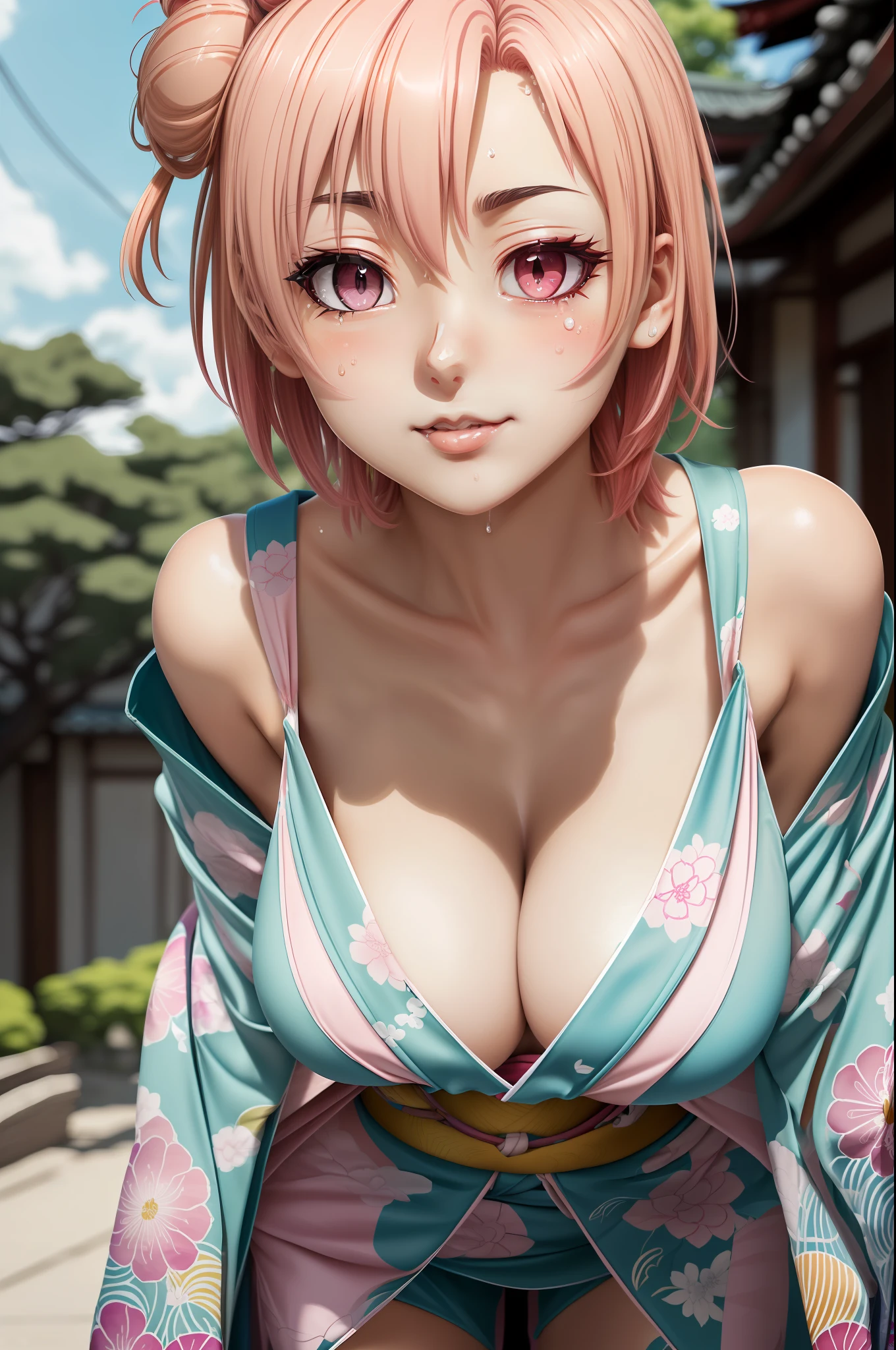 shukezouma, octane render, hdr, (hyperdetailed:1.15), (soft light, sharp:1.2), 1girl, beautiful girl, ultra detailed eyes, mature, plump, thick, painting drops, paint teardrops, woman made up from paint, entirely paint, splat, splash, long colored hair, kimono made from paint, (ultra detailed texture kimono:1.5), paint kimono, paint bulb, exposed cleavage, sexy, paint drops, outdoors, exposed shoulders, sakura trees, tears, sexy, shoulders visible, thighs exposed, semi naked, focus on face, beautiful face, eye shadow, (detailed skin:1.3), (make her yuigahama yui:1.5), ((masterpiece:1.2, best quality), 1girl, (make her yuigahama yui:1.5), smirk, slim, slender, green eyes, sharp eyes, big_breasts, leaning forward, facing viewer, from below, white shirt, pleated skirt, areola slip, down blouse, embarrassed, (ahegao:1.5), (short hair, pink hair, pink eyes, yui, single hair bun:1.5)