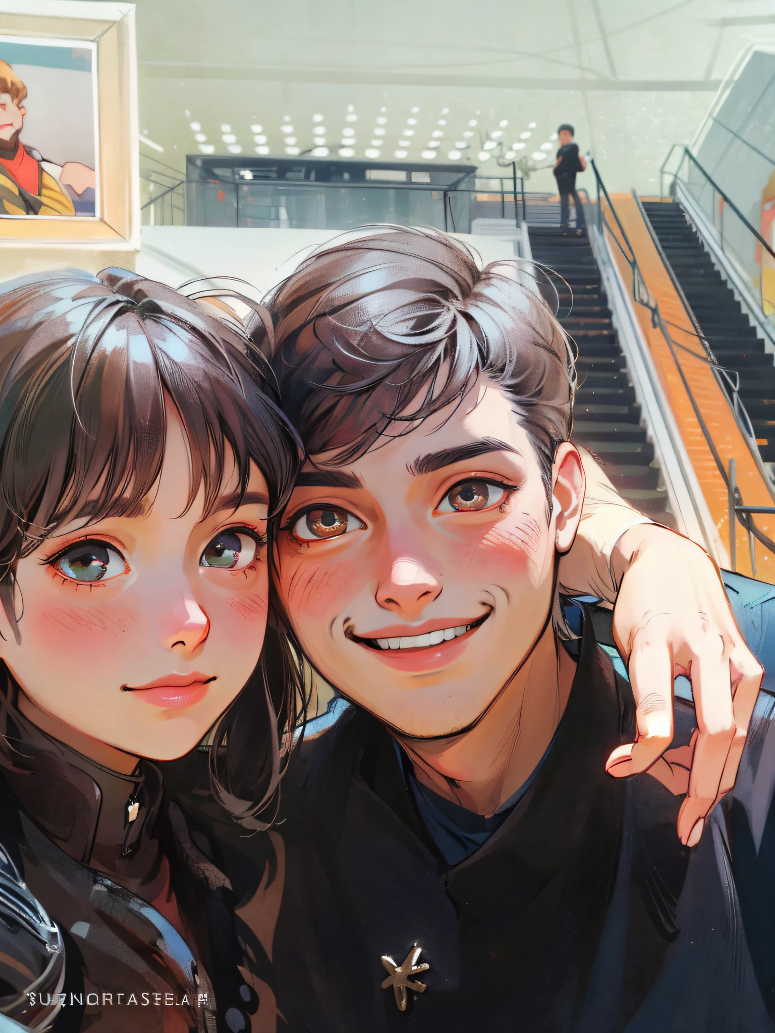 High quality, small fresh, concise, a couple taking a selfie, girl on the left, boy on the right, boy in black, looking at the camera, cute, background is blank, shallow smile, shut up,