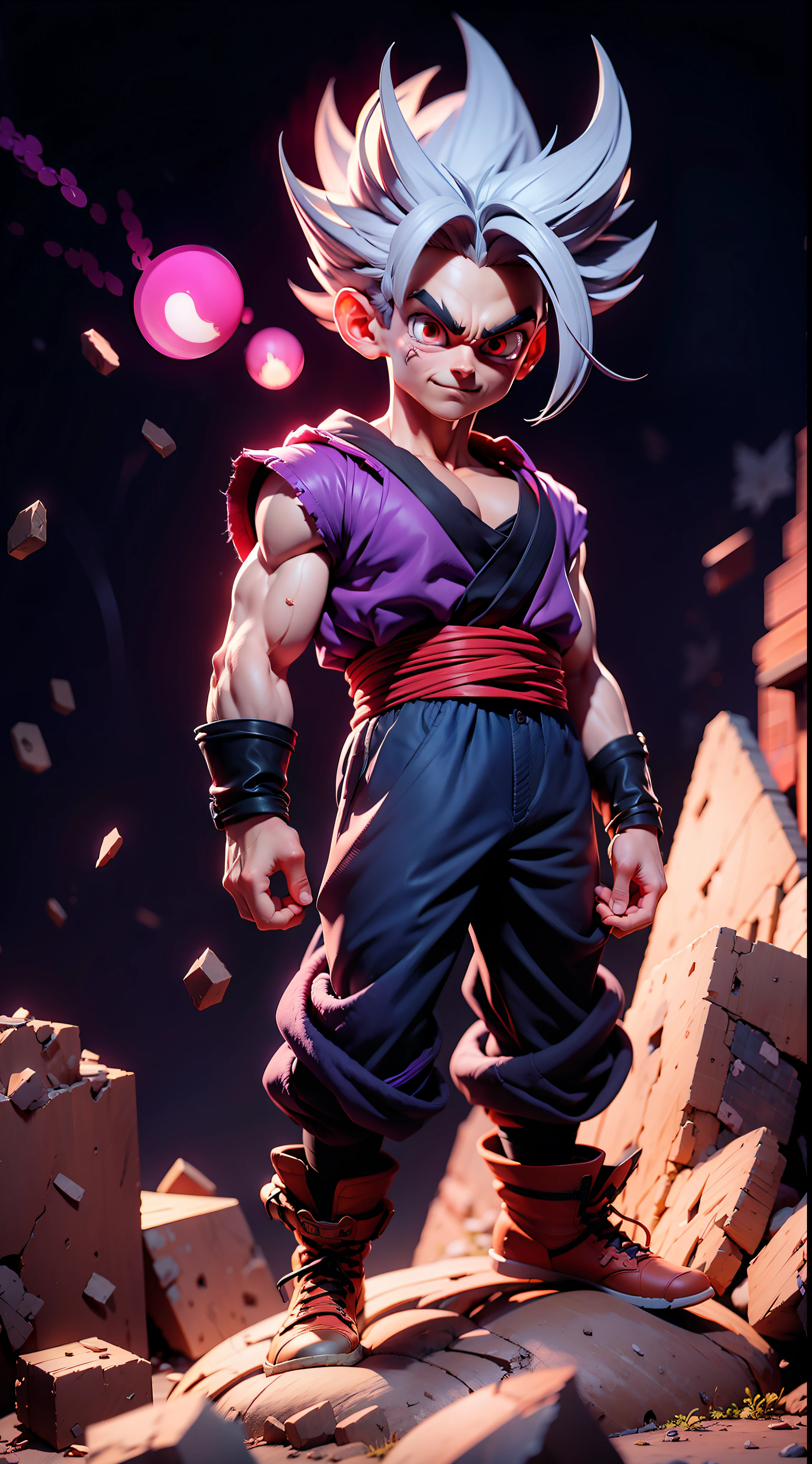 masterpiece, best quality, ultra-detailed, Adult Gohan 1boy, solo, Full body, evil smile, grey hair, spiked hair, (((red eyes))), (((perfect eyes))), (((PURPLE dougi))), full body, looking at viewer, male focus, earth \(planet\), planet, space, cracked ground and lots of rocks rising up, lots of debris going up, perfect hands . Cute, chibi,