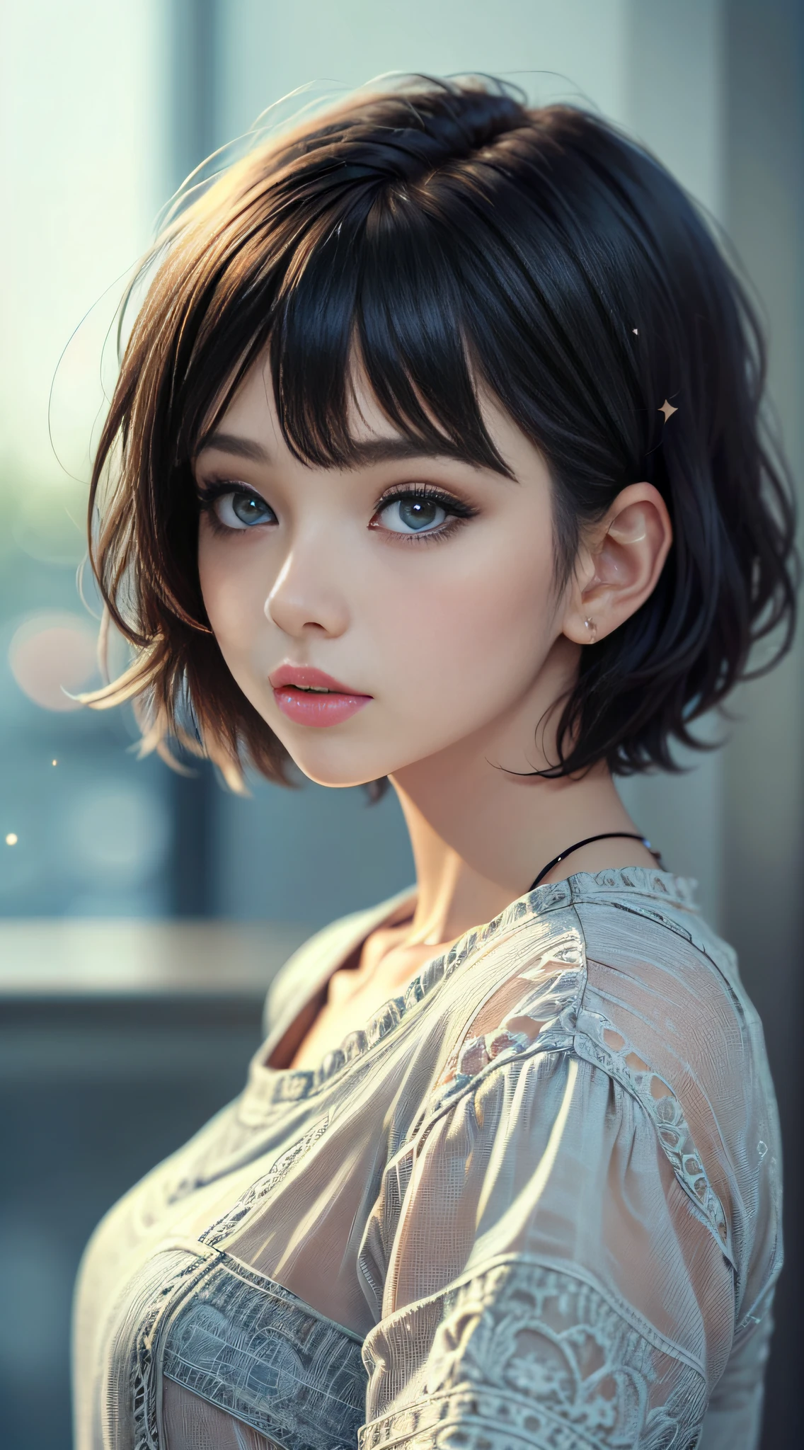 (Masterpiece), (high quality), (ultra detailed), (short hair), (illustration), (1girl), (casual clothes), standing, model, looking at the viewer, (photo essay), (blurred background), beautiful detailed eyes, beautiful and delicate face, black skin, floating, (low saturation), (bright), focus on facial expression, black hair, side bangs,
