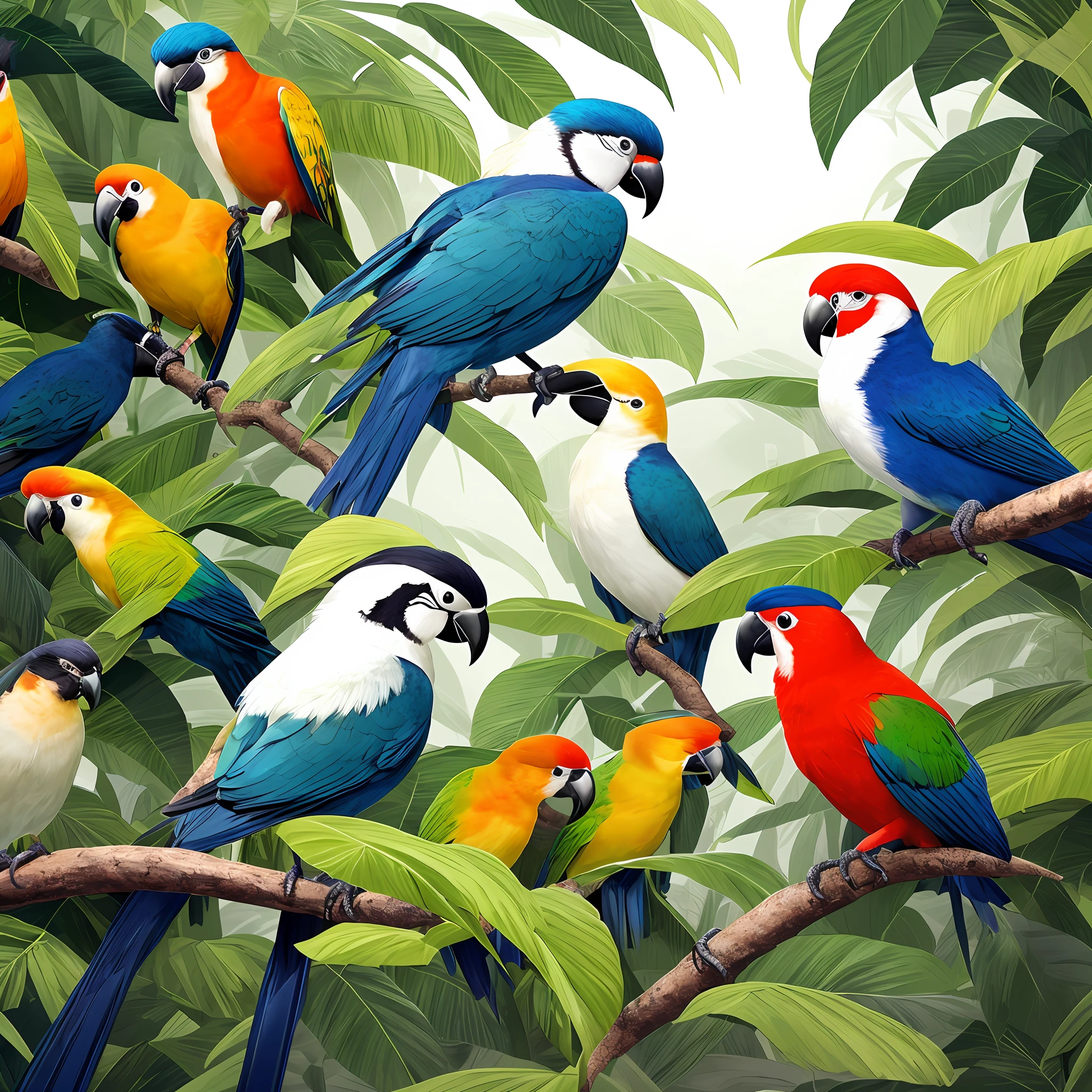 there are many birds that are sitting on a branch in the jungle, tropical birds, parrots, hd illustration, rare bird in the jungle, colorful birds, birds of paradise, a beautiful artwork illustration, beautiful nature, very detailed birds, wildlife illustration, hd wallpaper, harmony of nature, birds f cgsociety, mystical birds, 4 k hd wallpaper illustration --auto --s2