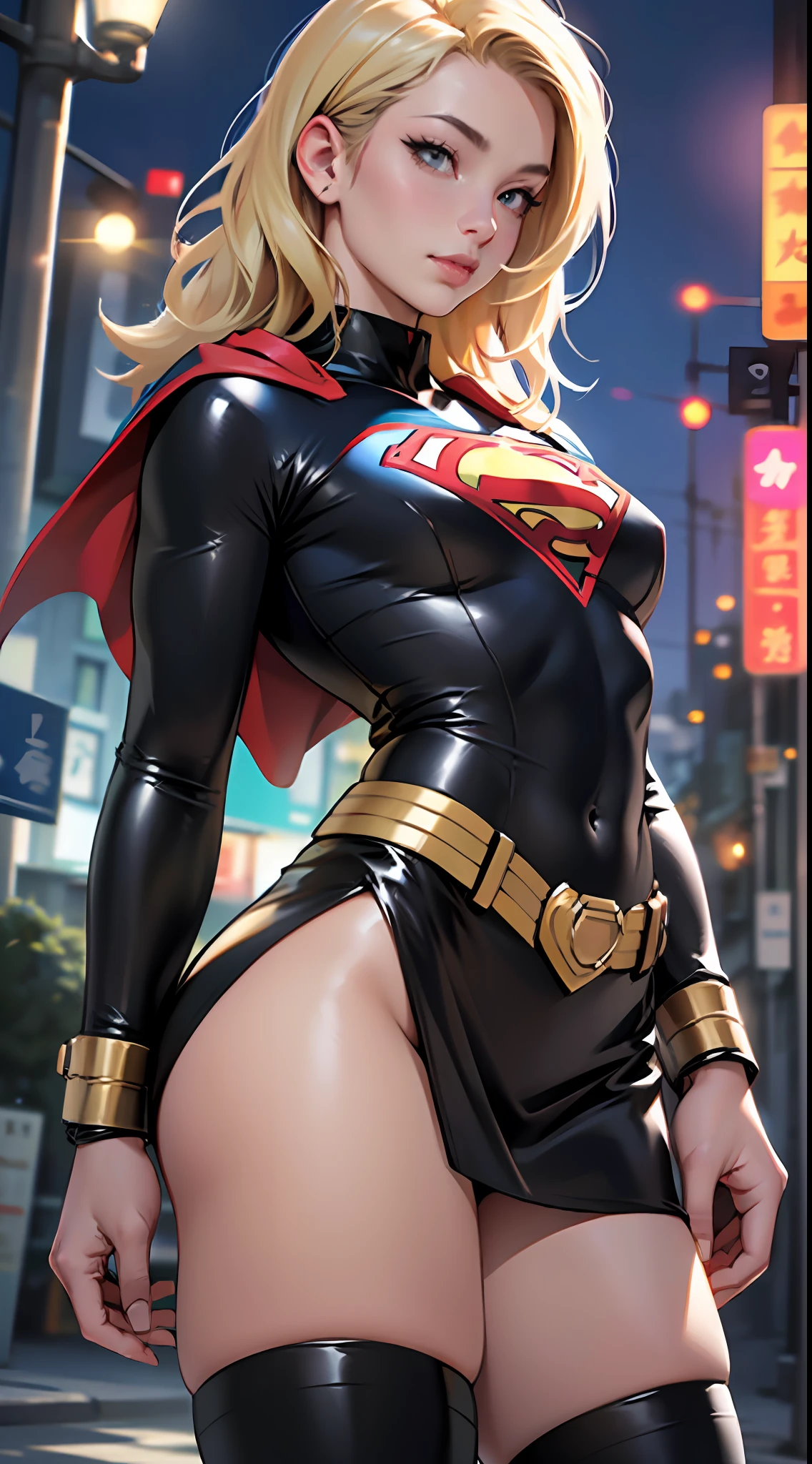 ((Realistic Lighting, Best Quality, 8K, Masterpiece: 1.3)), Focus: 1.2, 1girl, Perfectly shaped Chinese beauty: 1.4, Fine abs: 1.1, ((blonde hair)), (Latex supergirl costume: 1.4), (Outdoor, Night: 1.1), City streets, Super thin face, Thin eyes, Double eyelids, Latex miniskirt, (Black socks over the knee: 1.5) --auto --s2
