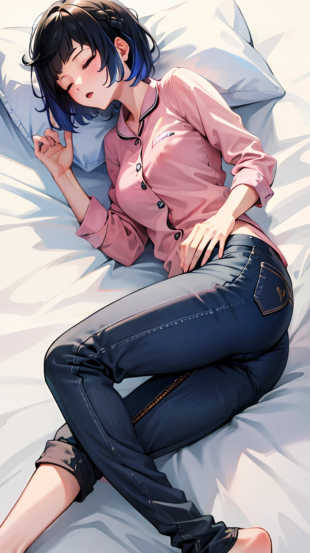 Sleeping girl, 22 years old, realistic, she is wearing long pants, she is wearing pink pajama, brown hair.