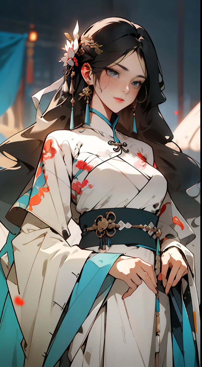 (Masterpiece, Top Quality, Best Quality), ((Wuxia World, Xiuxian, Chinese Wuxia,)), (1 Girl Solo), (Full Body), (Gentle Eyes), (Ancient Chinese Clothes, Cyan Robe, Embroidered Collar Uesugi, White Big Sleeve Shirt, Streamers), (Hairpin, Long Black Hair), (Hanfu), Light Pink Lips, (Young), Earrings, White Skin, (Clear Facial Features, Detailed Skin Texture, Beautiful Face, Facial Highlight), Color Ink Painting, Splash Color, Sketch, Denoising, Splash Ink, Dramatic, Cinematic grade, white background, standing, slim body, 8k UHD, DSLR, soft light, high quality, high resolution, (very detailed CG unity 8k wallpaper)