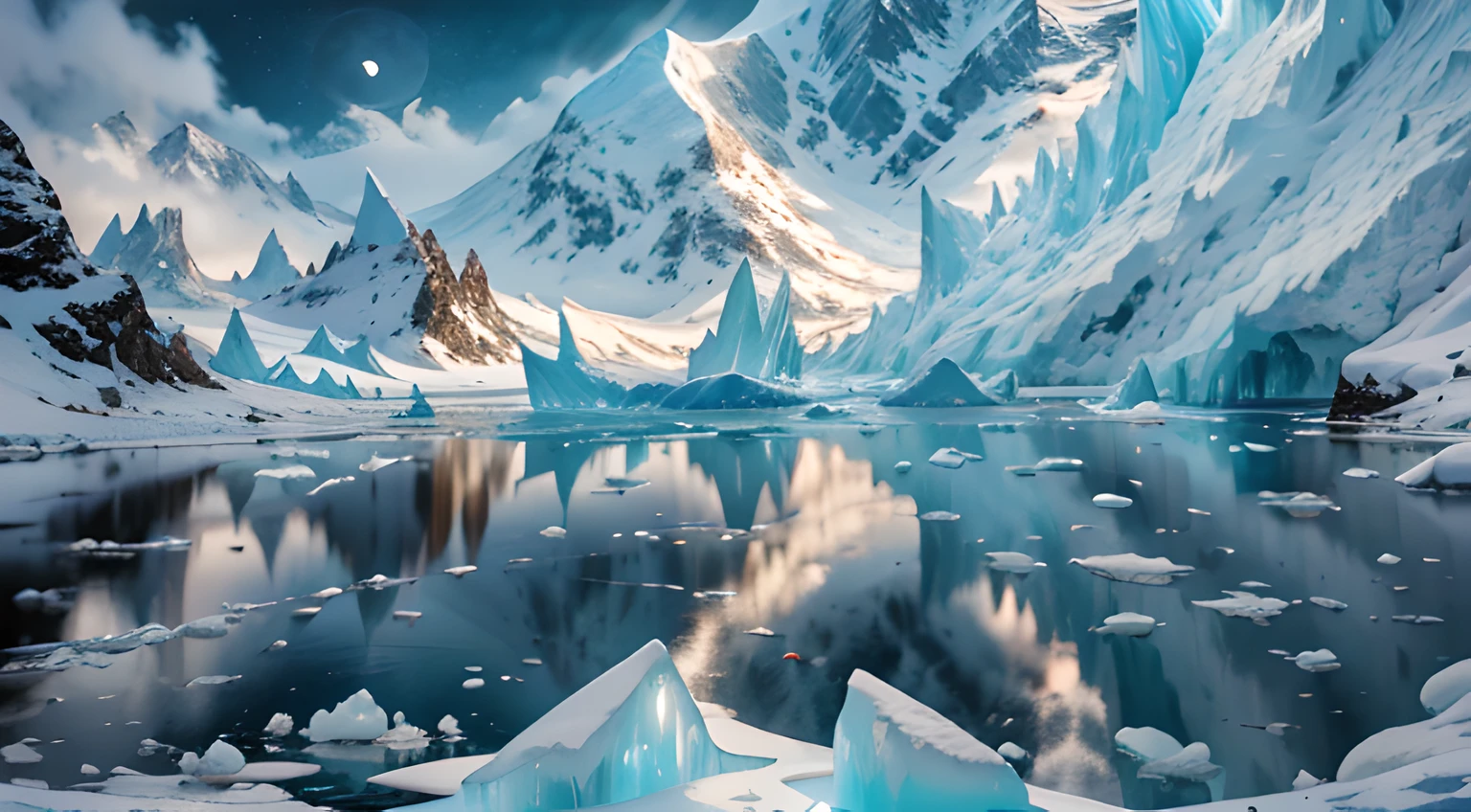 This work presents a mysterious and magnificent ice age scene, making people feel like they are in an ancient and mysterious magic field.

In the picture, a huge iceberg rises into the clouds, and glaciers extend from the peaks, shrouding a vast valley. The surface of the glacier is covered with thick ice and white snow, presenting a magnificent scene of the world of ice and snow. In front of the glacier, a huge ice wall stands a glacial dragon, as if to cut off the boundary between humans and this mysterious world.

In the sky, dark clouds are thick and lightning streaks through the clouds, emitting a stunning light. This ice age magic domain is full of mysterious energy, and strong electromagnetic fields distort the surrounding landscape, creating strange shapes and colors.

In the distant skyline, a bright moon can be seen rising and casting a faint glow. The moonlight shines through the mist on the glacier, reflecting the twinkling ice crystals, creating a mysterious and dreamy atmosphere.

The whole picture emphasizes the magnificence and mystery of the ice age, and conveys the unique atmosphere of this ice magic domain through the use of light and shadow and the change of color.