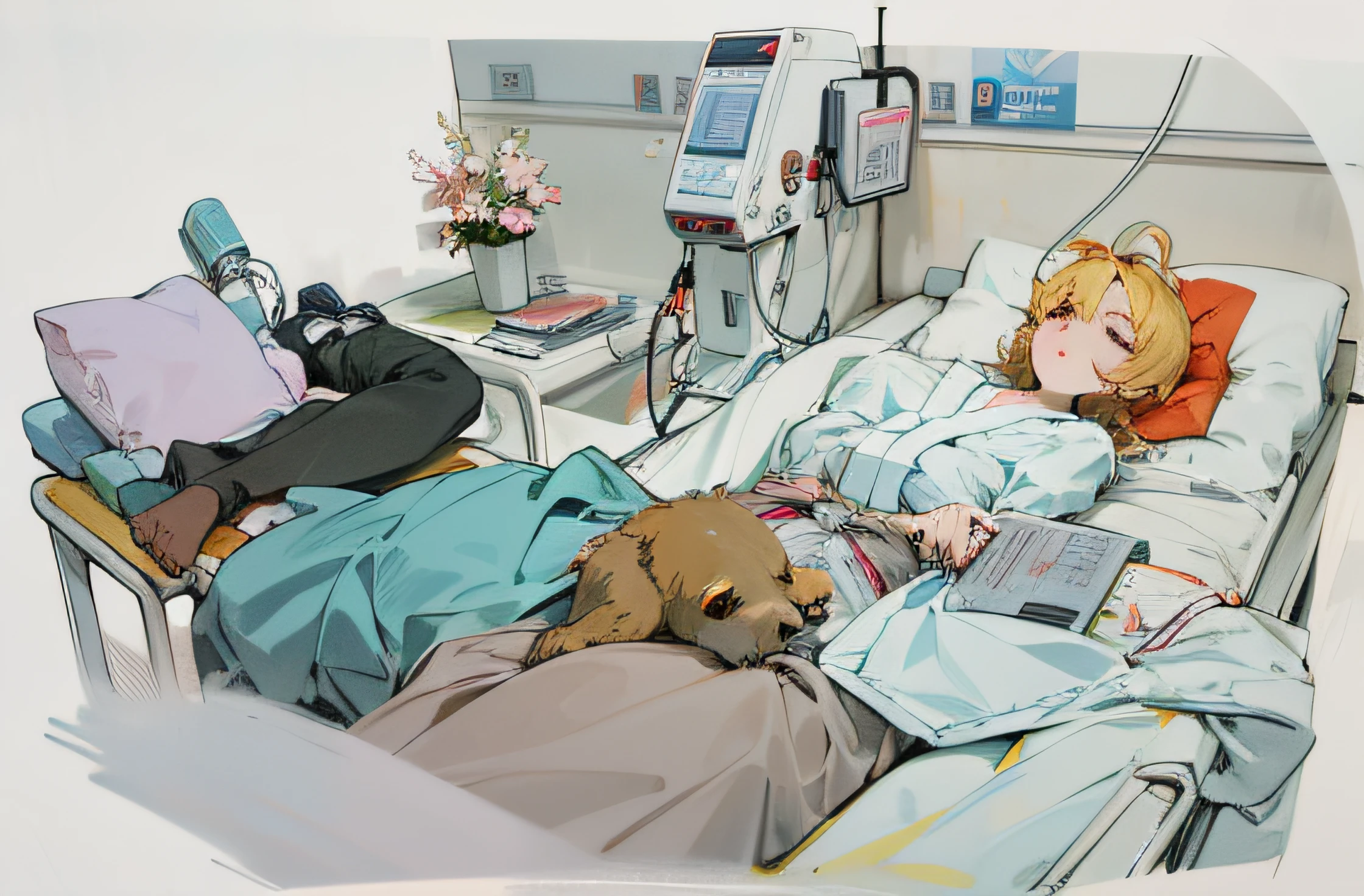 A hospital bed in the hospital, empty bed with flower pots next to it, some hospital machines, Japanese manga, illustrations, 4K