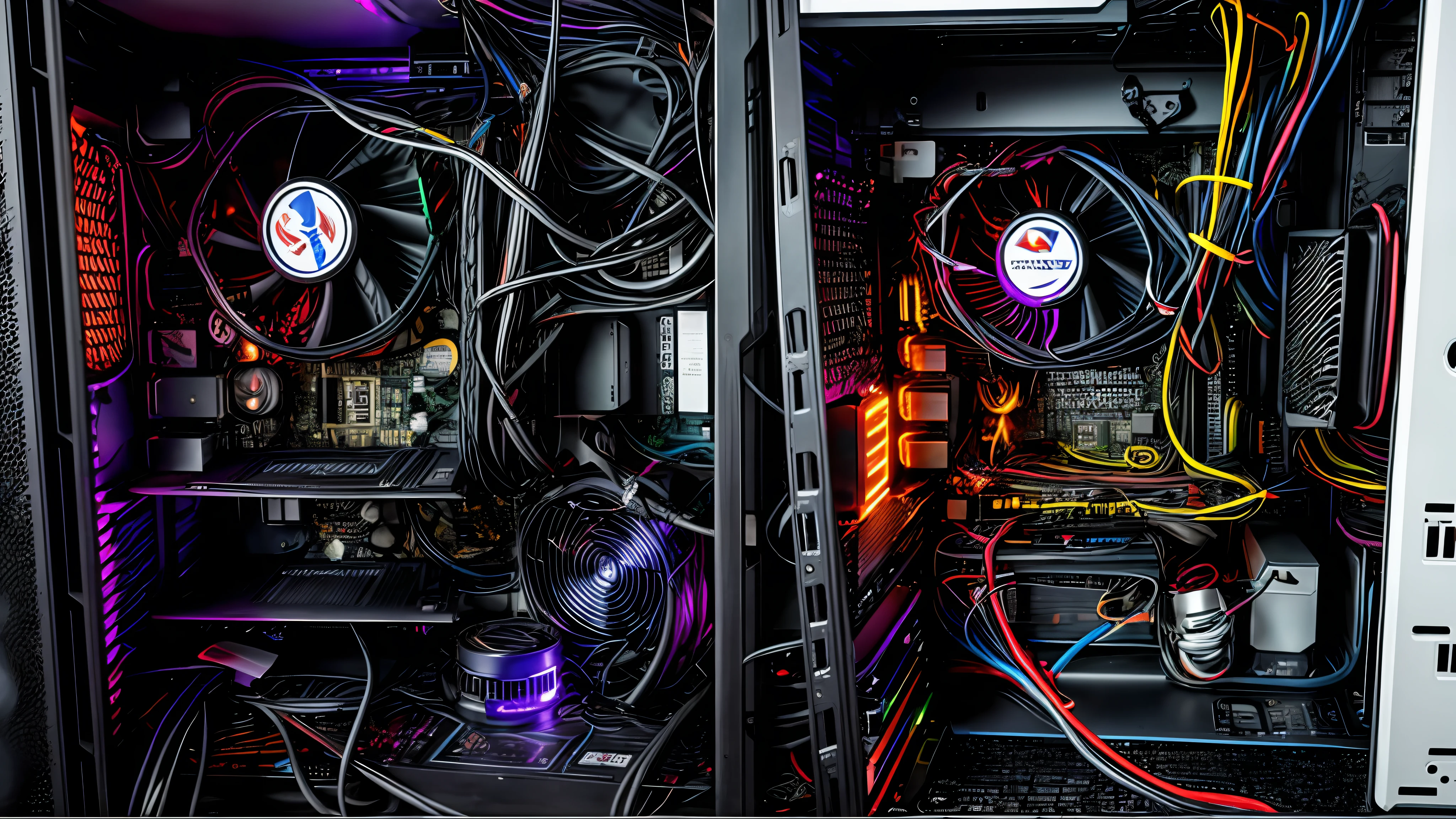 a close up of a computer case with a fan and a computer, broken computers and cables, pc gaming, watercooling, overclocking, disassemble the computer, computer components, water-cooled, gaming pc, custom computer, gaming computers, old computer, with cables and wires coming out, gpu fire, computer parts