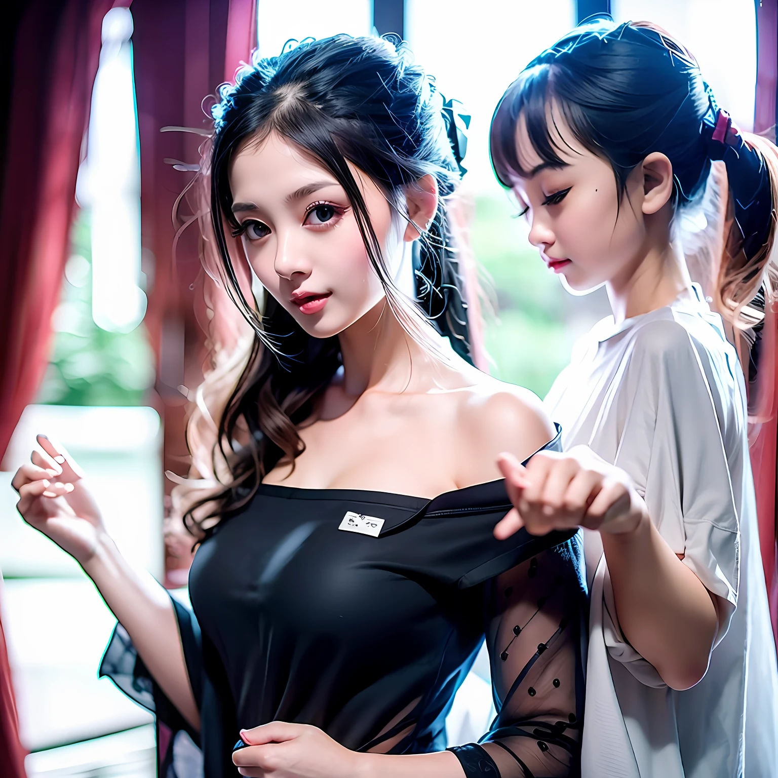Generate a photo of Japan mother and her child. Mother should be a little fat, a cute and bright woman. You want the photo to look realistic, so please dress in plain clothes. --auto