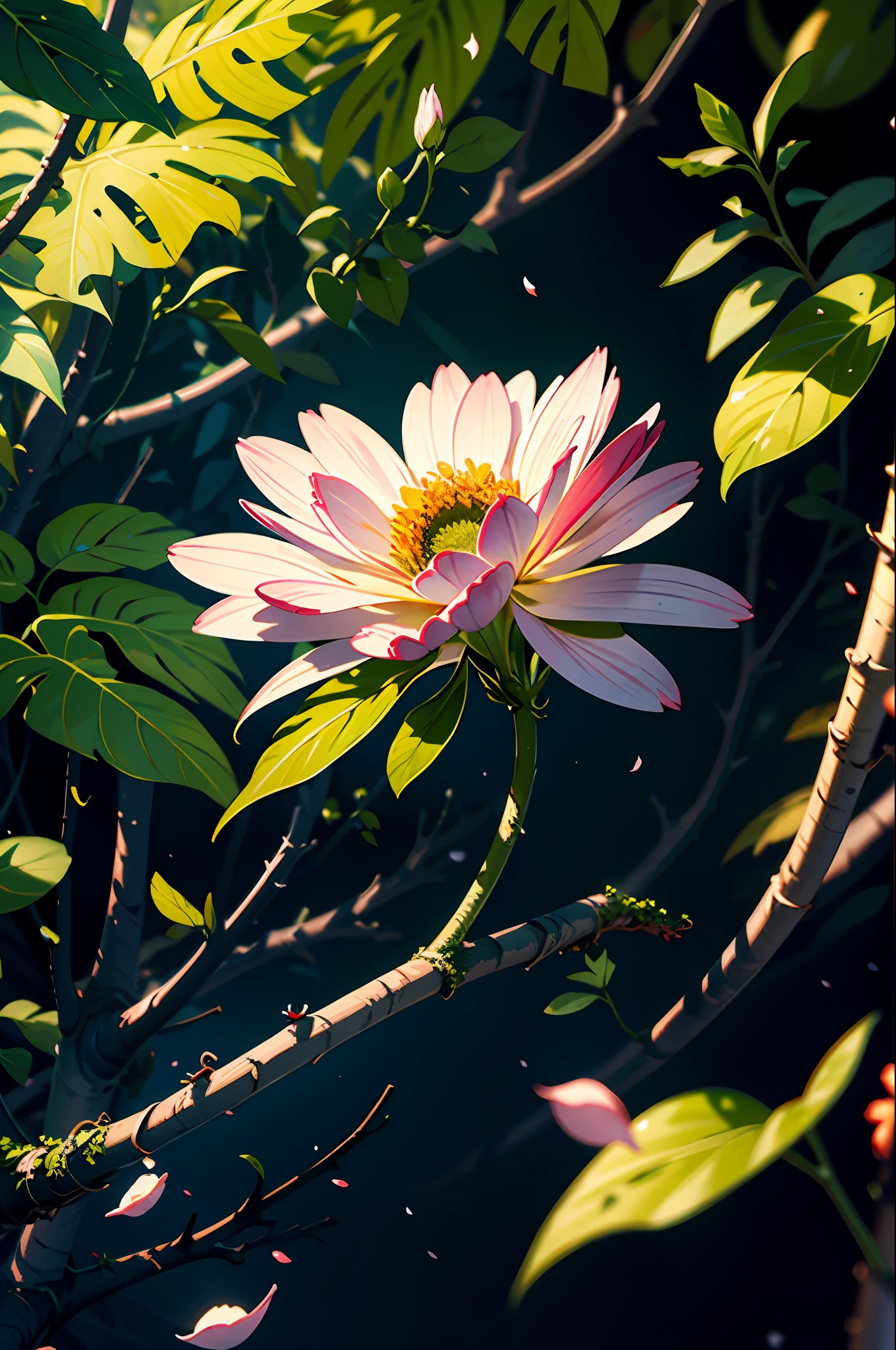 (extremely detailed CG unity 8k wallpaper, masterpiece, best quality, ultra detailed), better lighting, best shadow, incredibly delicate and beautiful, floating, forest, depth of field, blue splashes, glorious, petals, wind, leaves, meadows, volumetric light